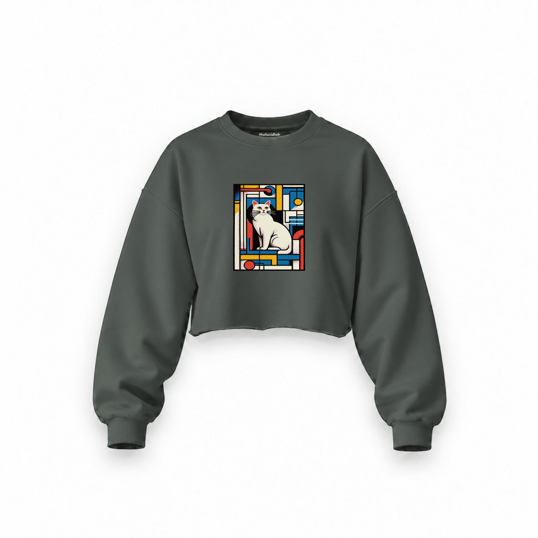 Bauhaus Cat Oversize Crop Sweatshirt — Antrasit — Ön baskı