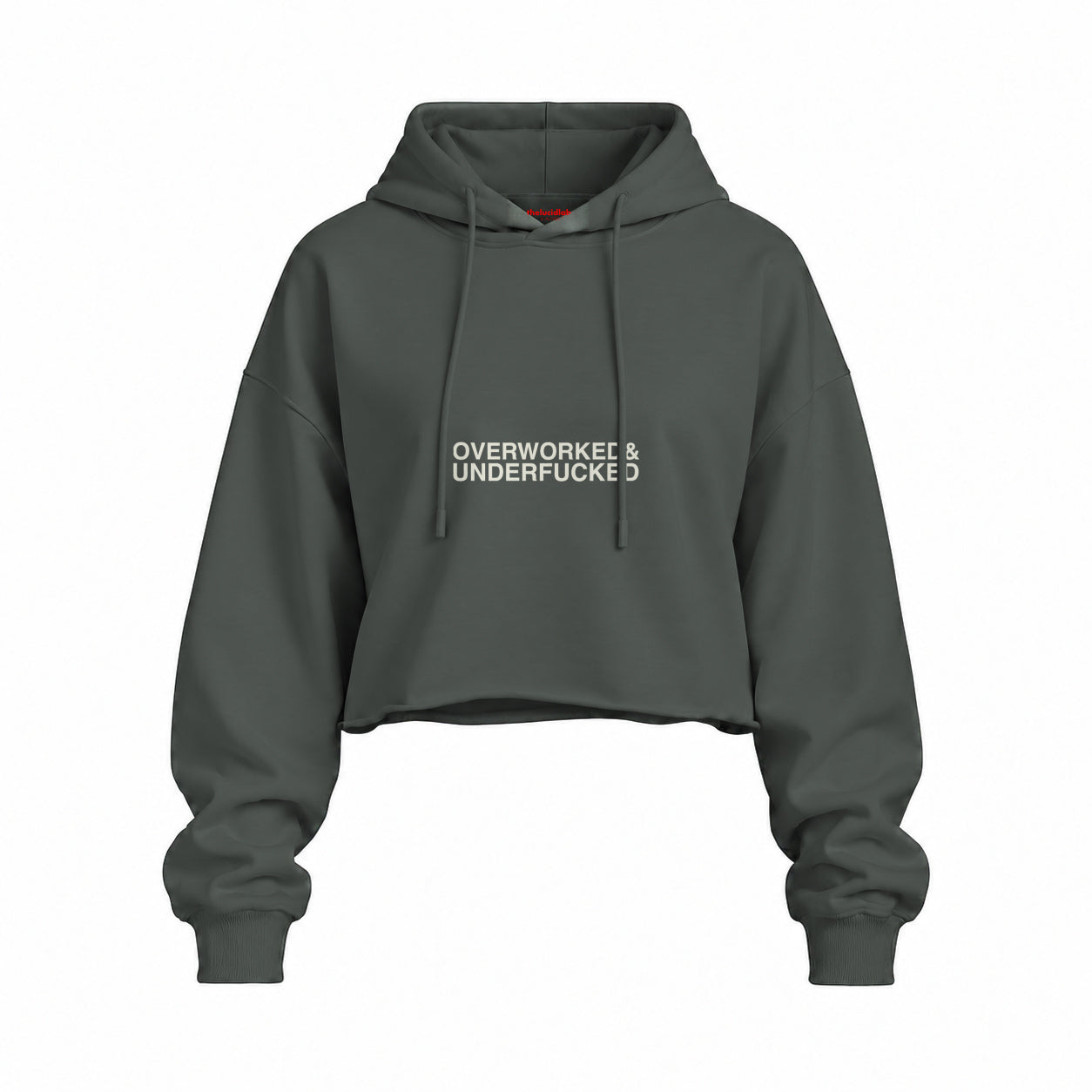 Overworked & Underfucked Oversize Crop Hoodie — Antrasit — Ön baskı