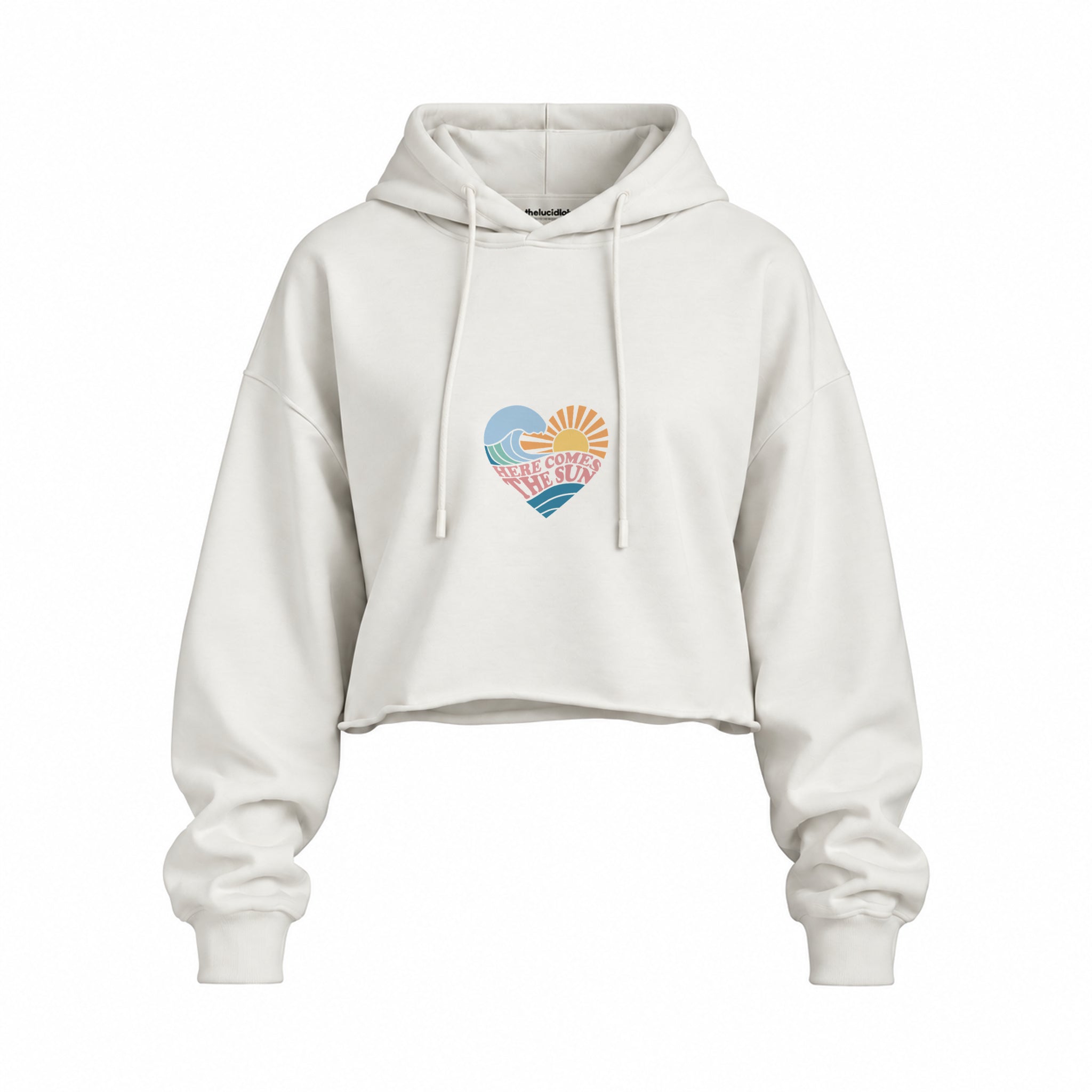 Here Comes The Sun Oversize Crop Hoodie — Beyaz — Ön baskı