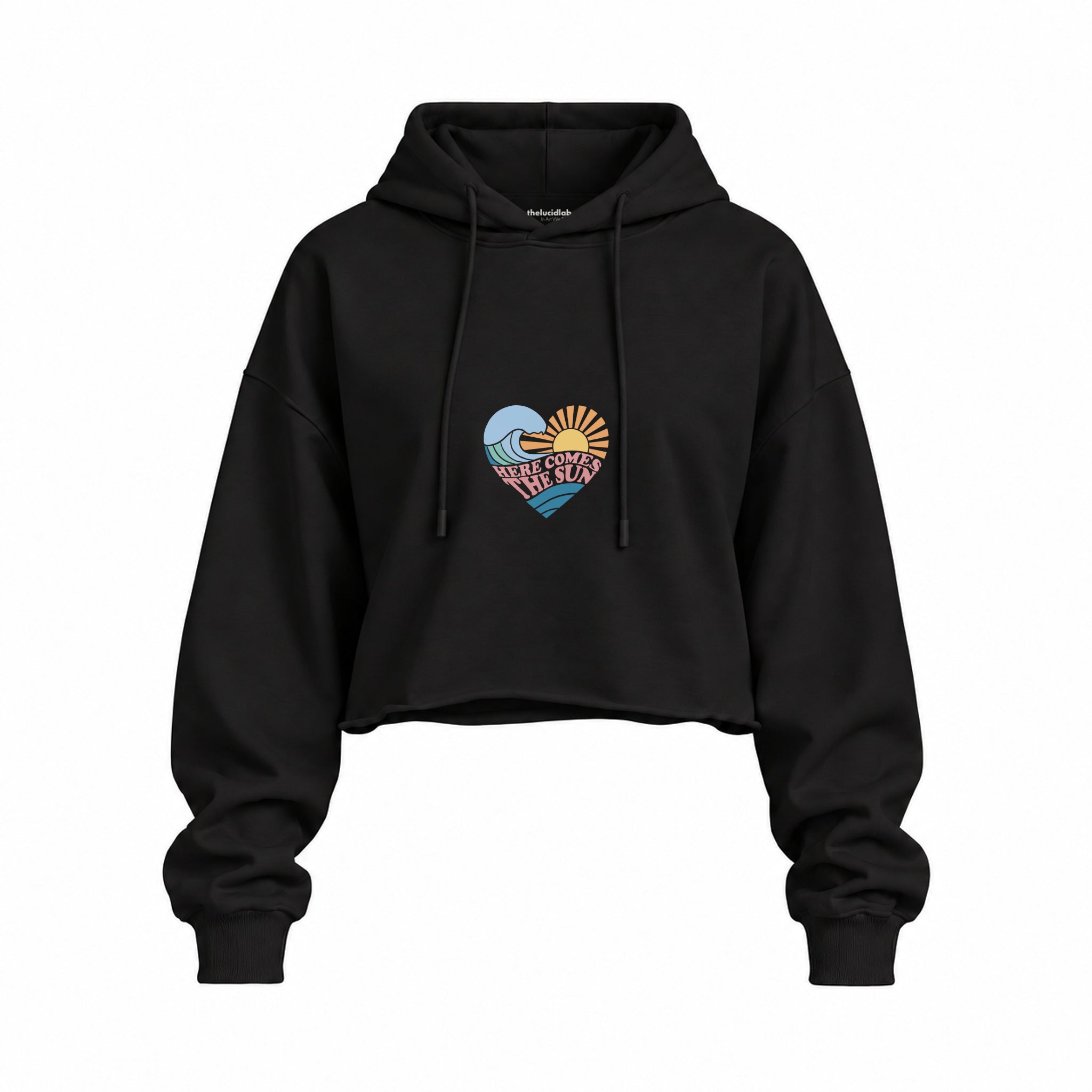 Here Comes The Sun Oversize Crop Hoodie — Siyah — Ön baskı