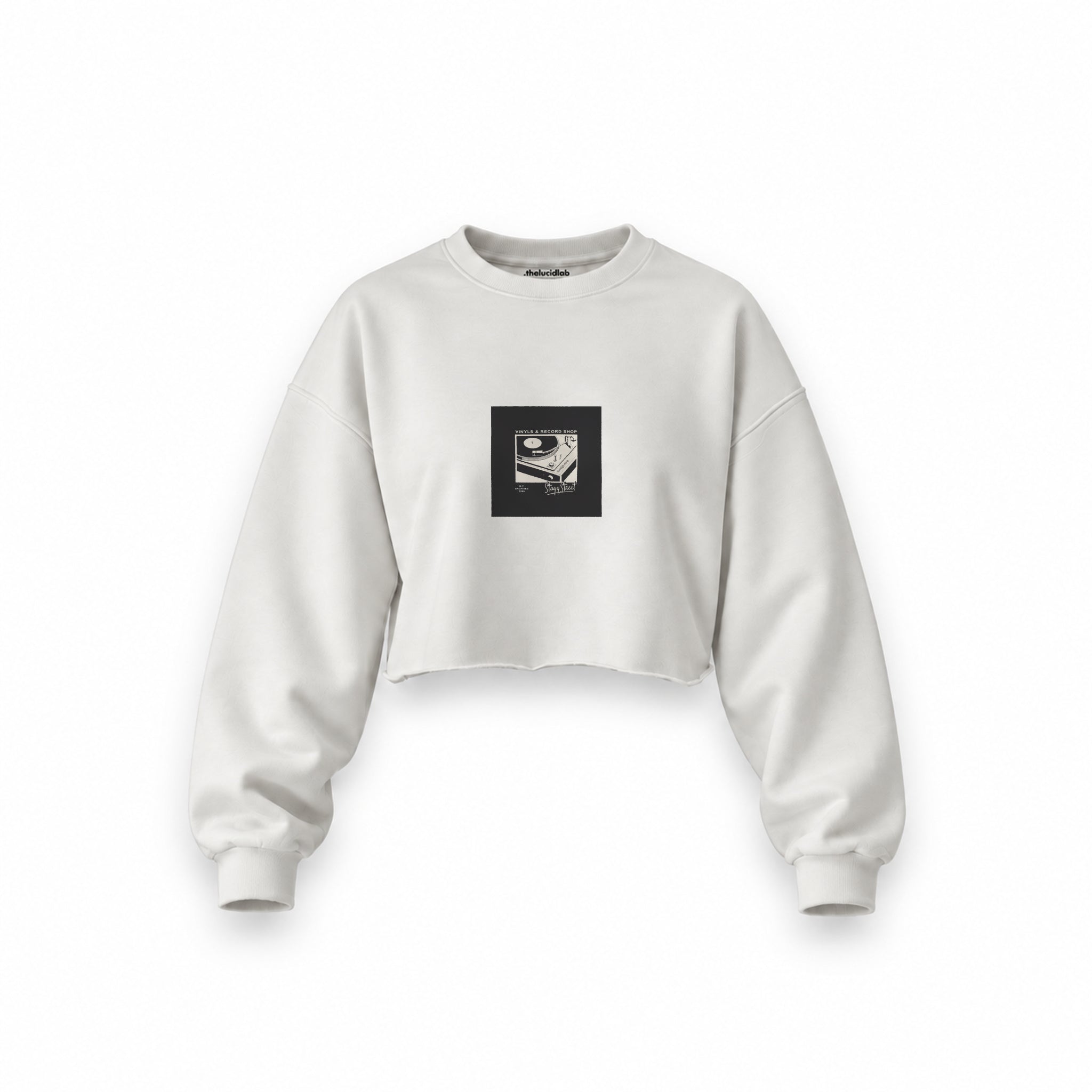 Vinyl Dreams Oversize Crop Sweatshirt — Beyaz — Ön baskı