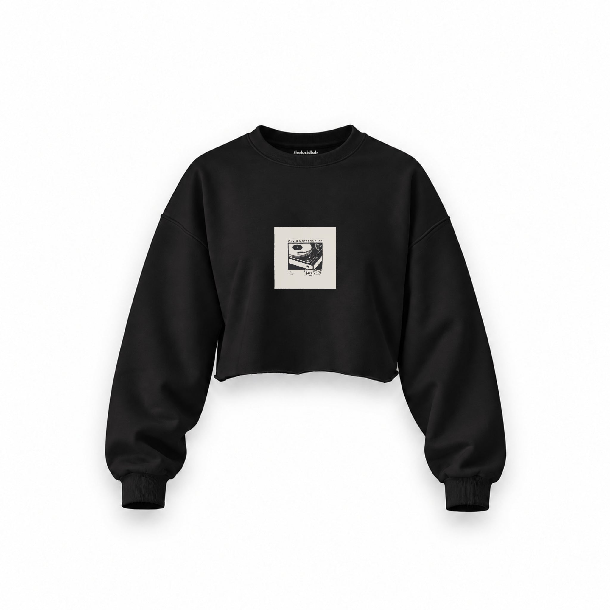 Vinyl Dreams Oversize Crop Sweatshirt — Siyah — Ön baskı