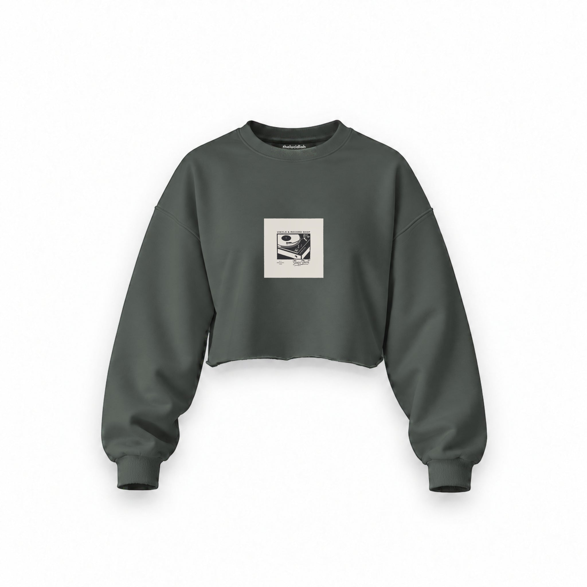 Vinyl Dreams Oversize Crop Sweatshirt — Antrasit — Ön baskı
