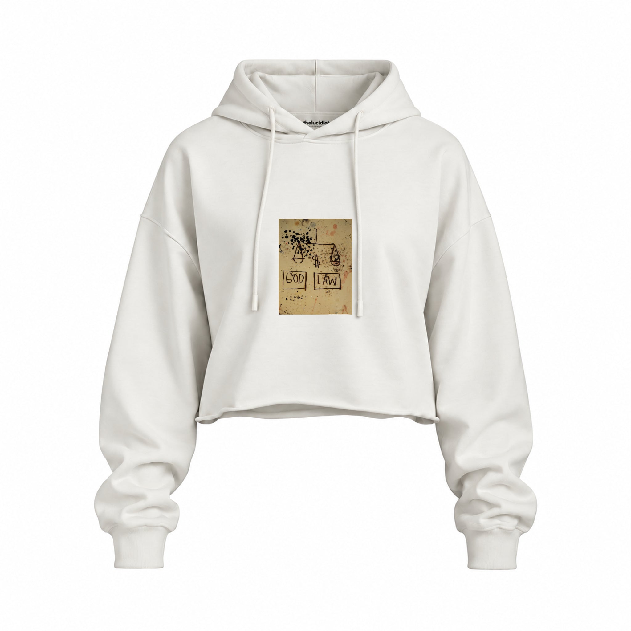 God, Law (1981) - Basquiat Oversize Crop Hoodie — Beyaz — Ön baskı