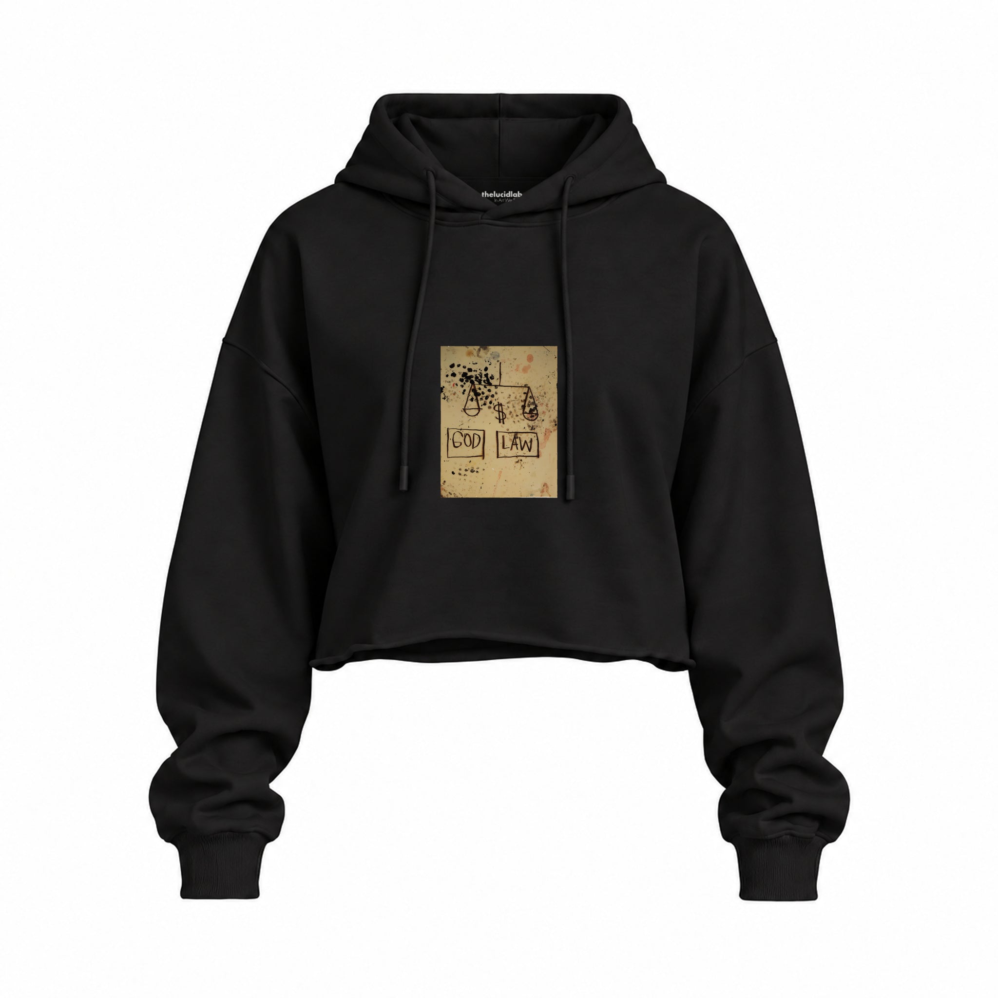 God, Law (1981) - Basquiat Oversize Crop Hoodie — Siyah — Ön baskı