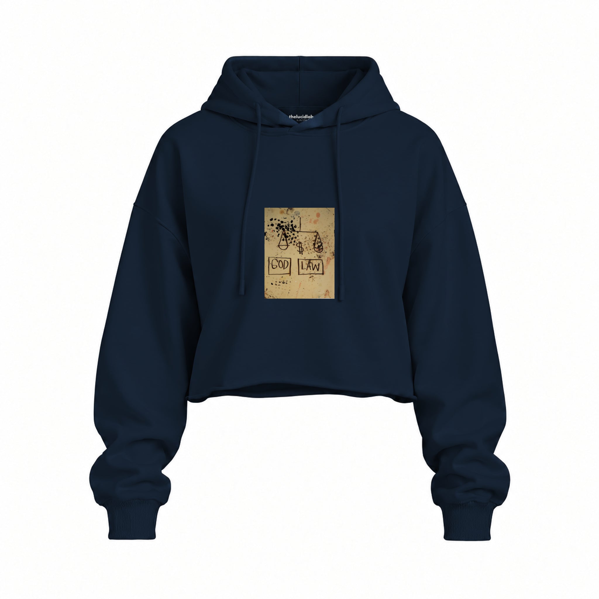 God, Law (1981) - Basquiat Oversize Crop Hoodie — Lacivert — Ön baskı