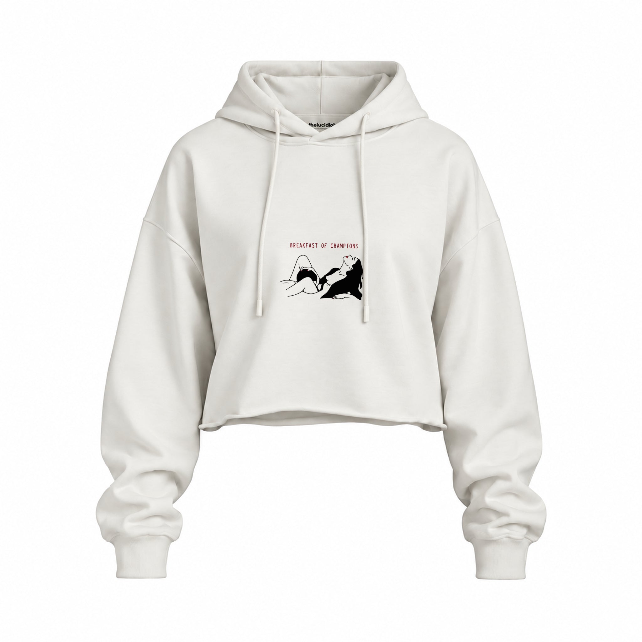 Breakfast of Champions Oversize Crop Hoodie — Beyaz — Ön baskı