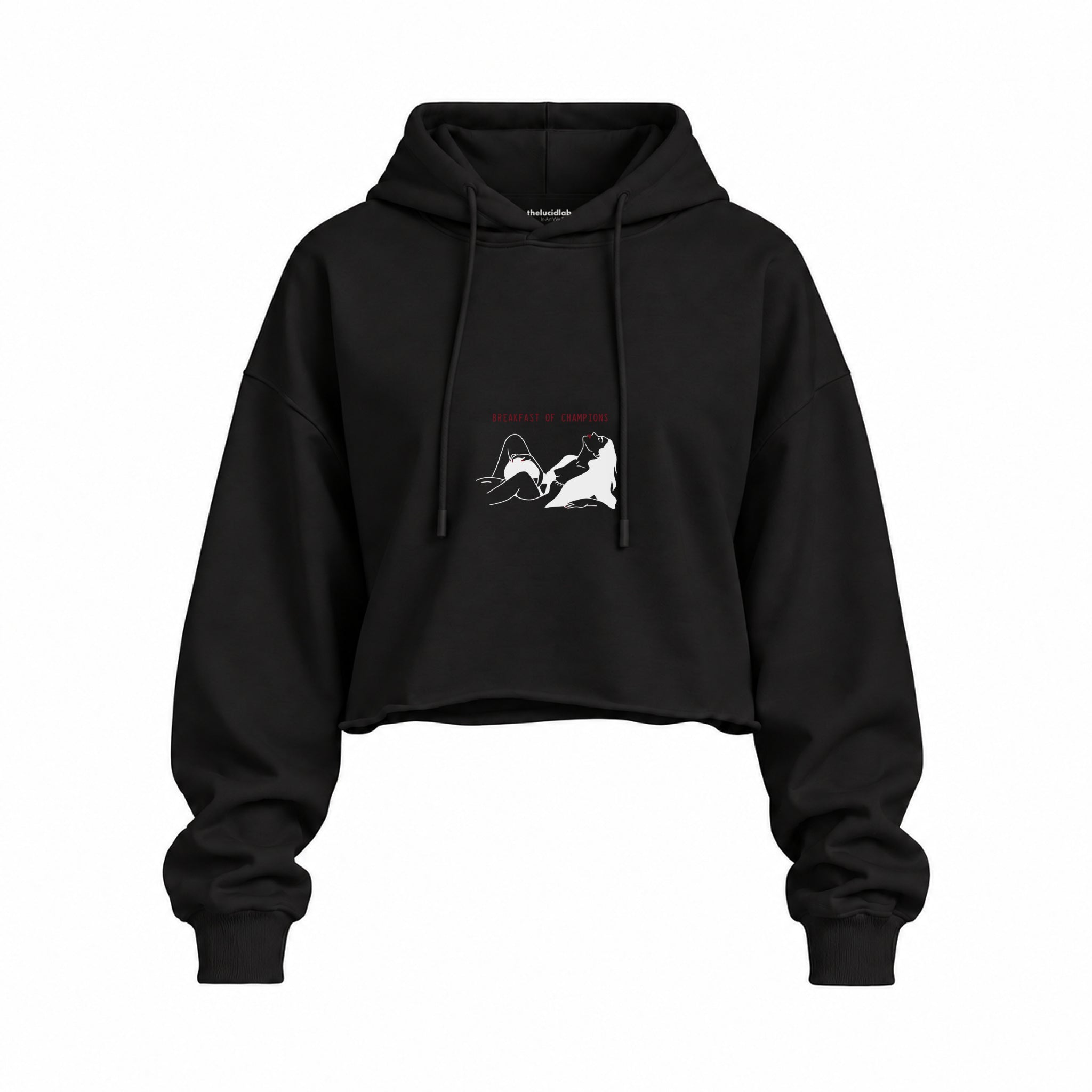 Breakfast of Champions Oversize Crop Hoodie — Siyah — Ön baskı