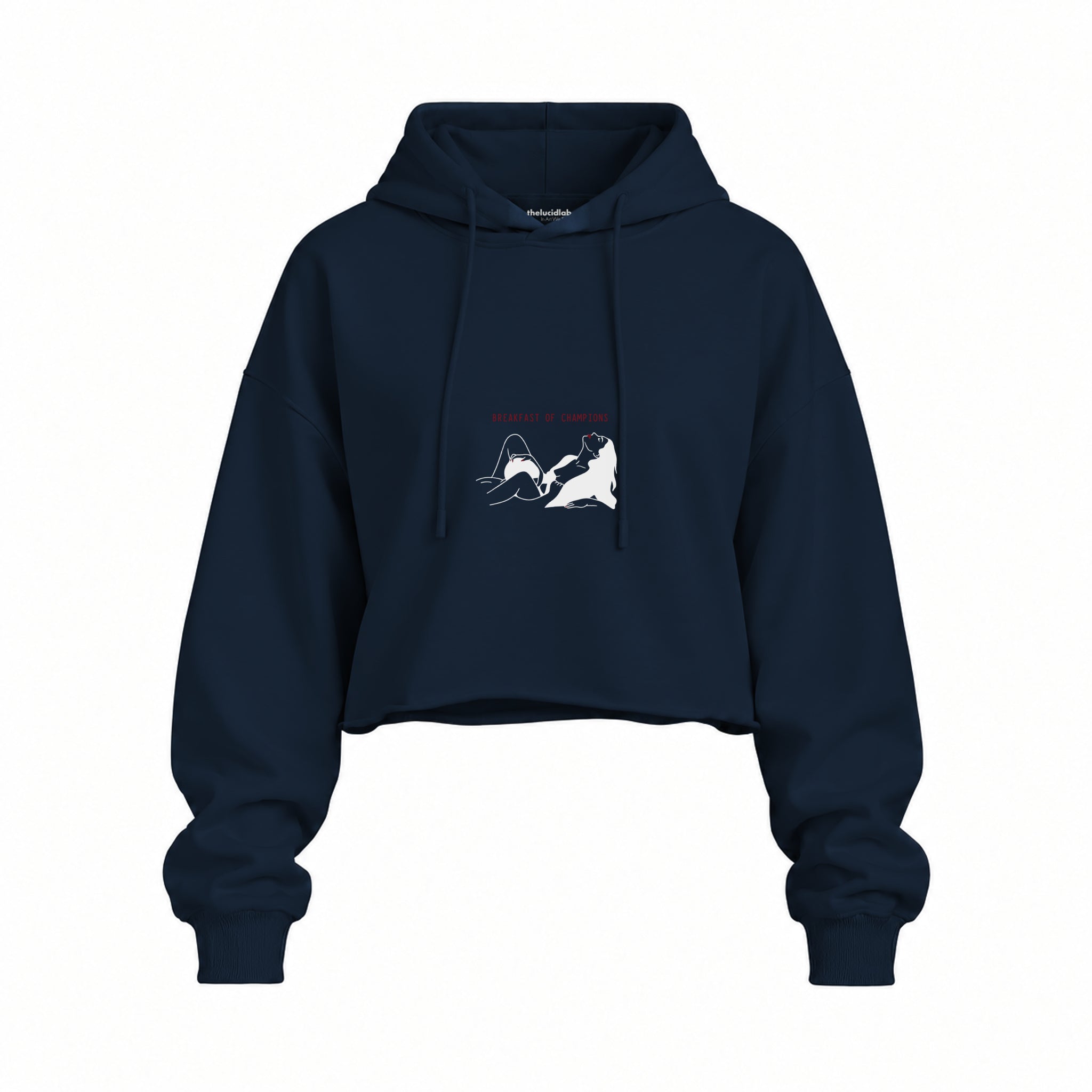 Breakfast of Champions Oversize Crop Hoodie — Lacivert — Ön baskı