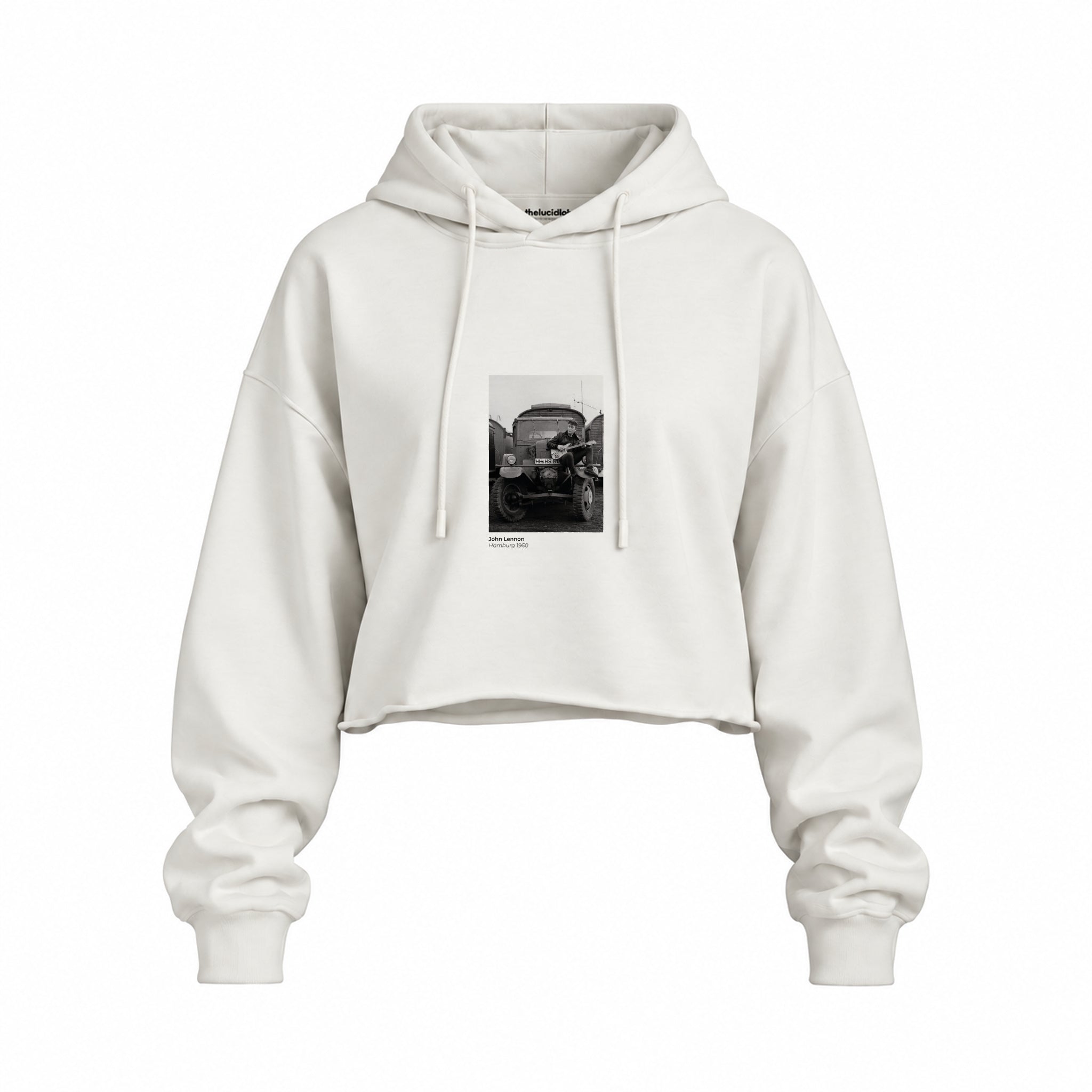 John Lennon Hamburg 1960 Oversize Crop Hoodie — Beyaz — Ön baskı