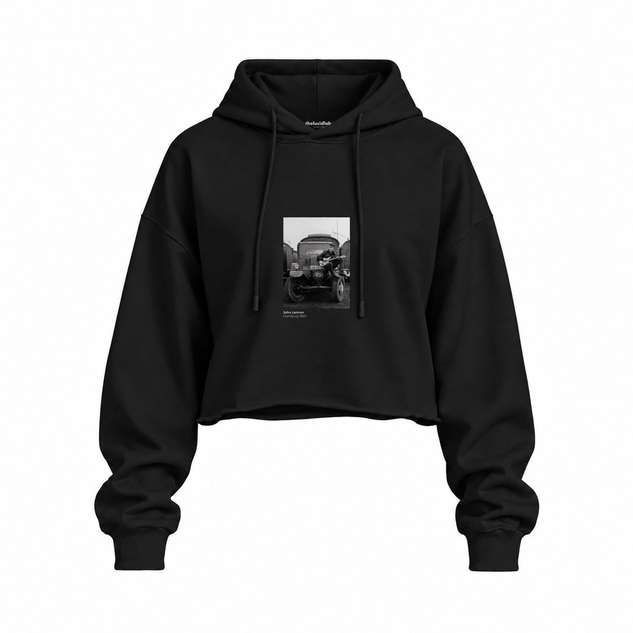 John Lennon Hamburg 1960 Oversize Crop Hoodie — Siyah — Ön baskı