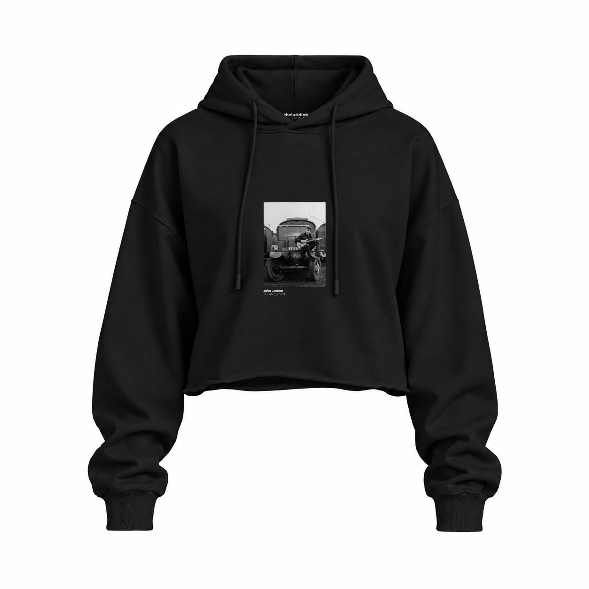 John Lennon Hamburg 1960 Oversize Crop Hoodie — Siyah — Ön baskı