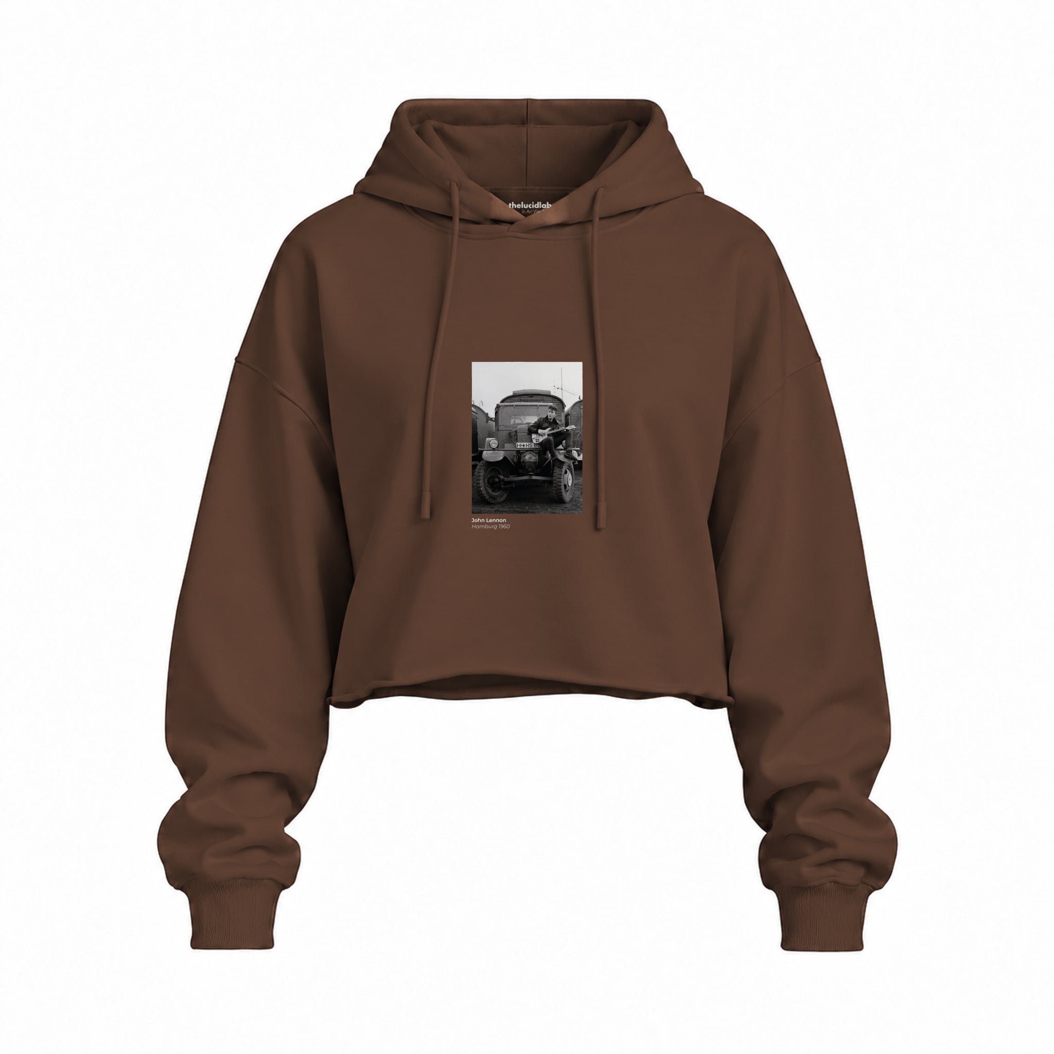 John Lennon Hamburg 1960 Oversize Crop Hoodie — Kahverengi — Ön baskı