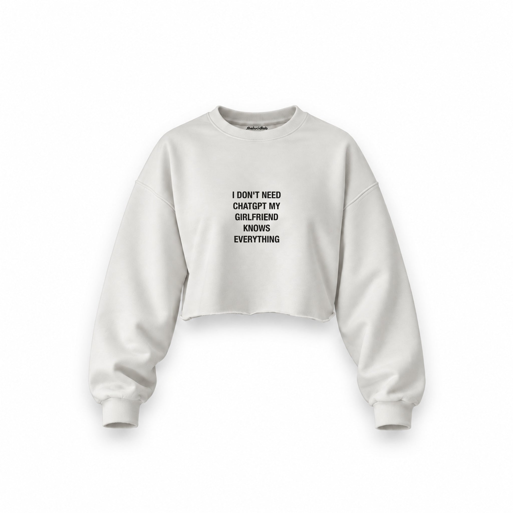Girlfriend Knows Everything Oversize Crop Sweatshirt — Beyaz — Ön baskı