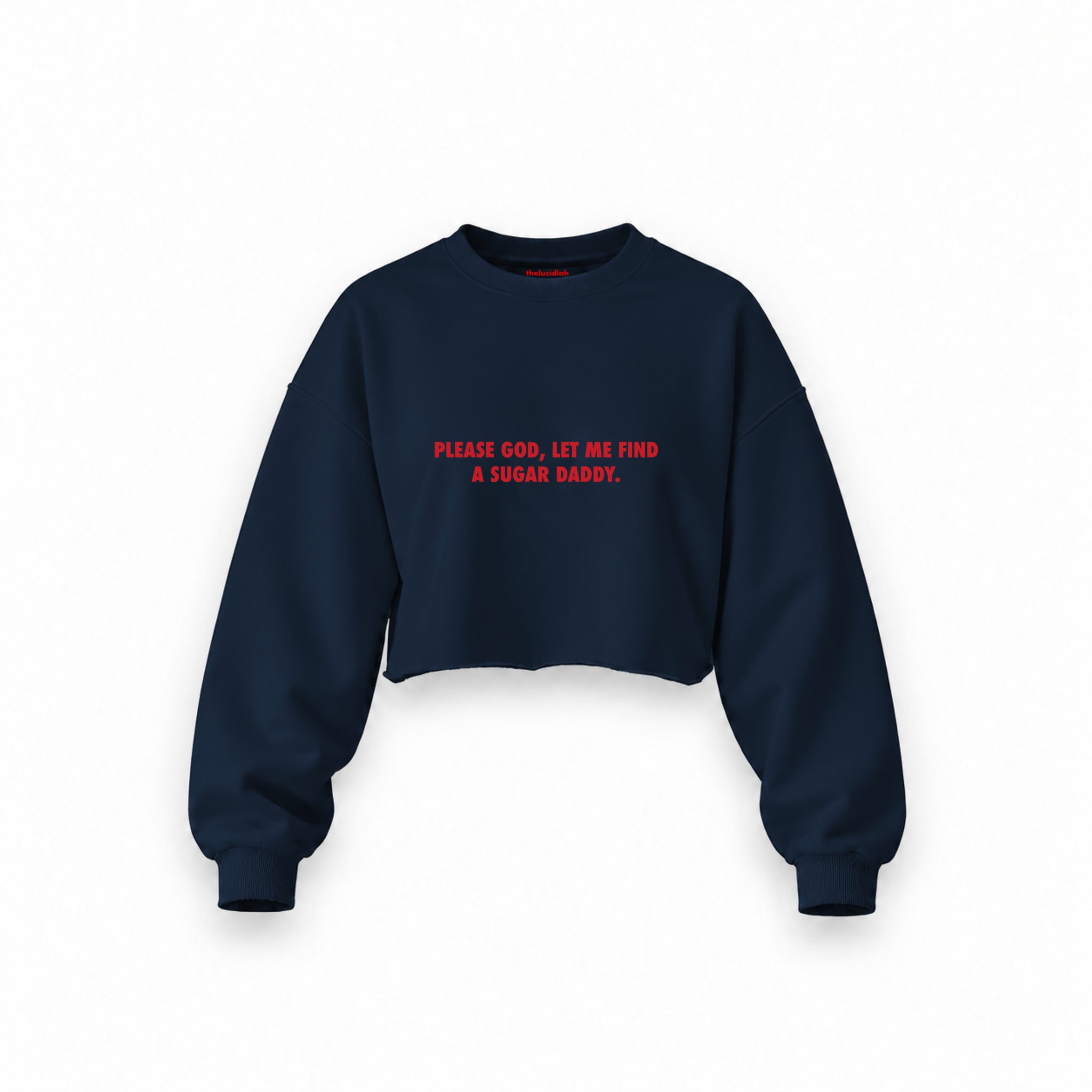Please God Let Me Find A Sugar Daddy Oversize Crop Sweatshirt — Lacivert — Ön baskı