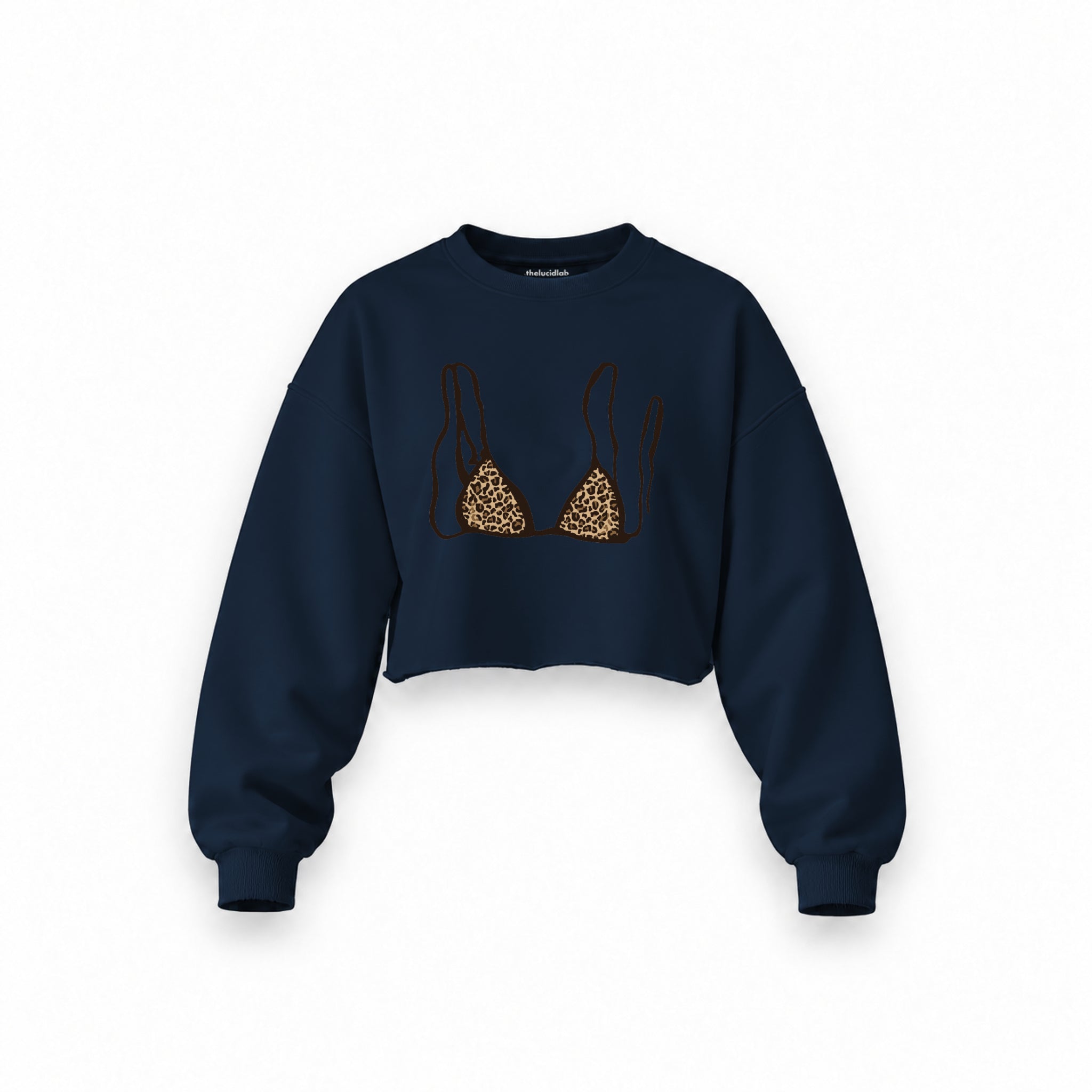 Leopard Bikini Oversize Crop Sweatshirt — Lacivert — Ön baskı
