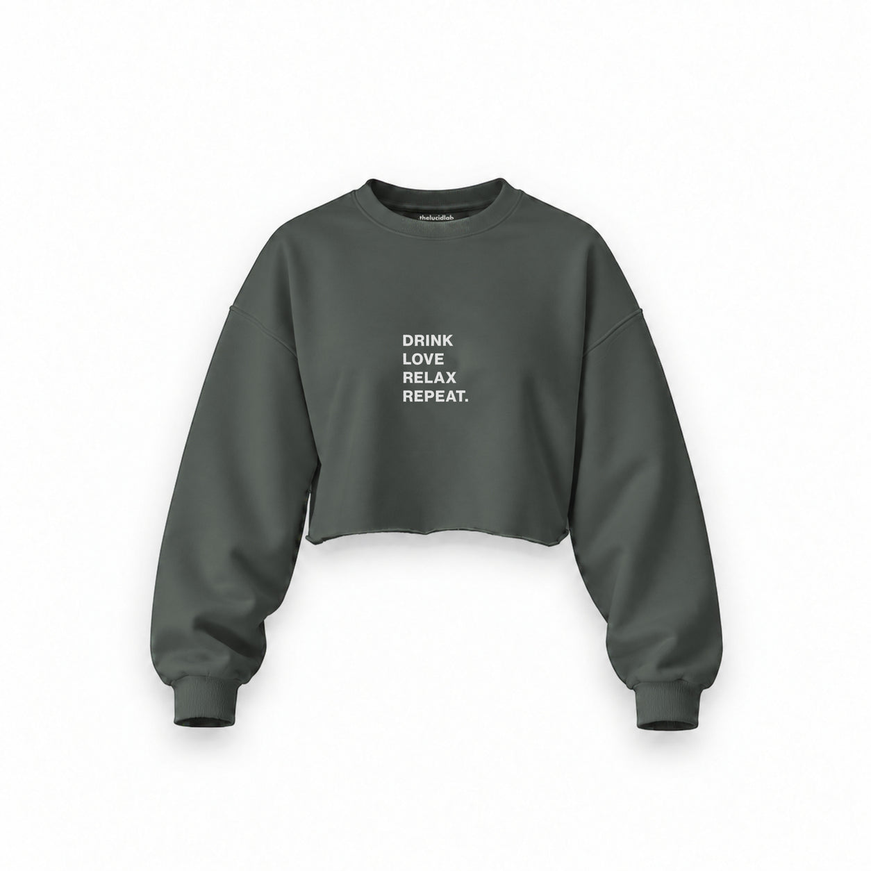 Drink Love Relax Repeat Oversize Crop Sweatshirt — Antrasit — Ön baskı