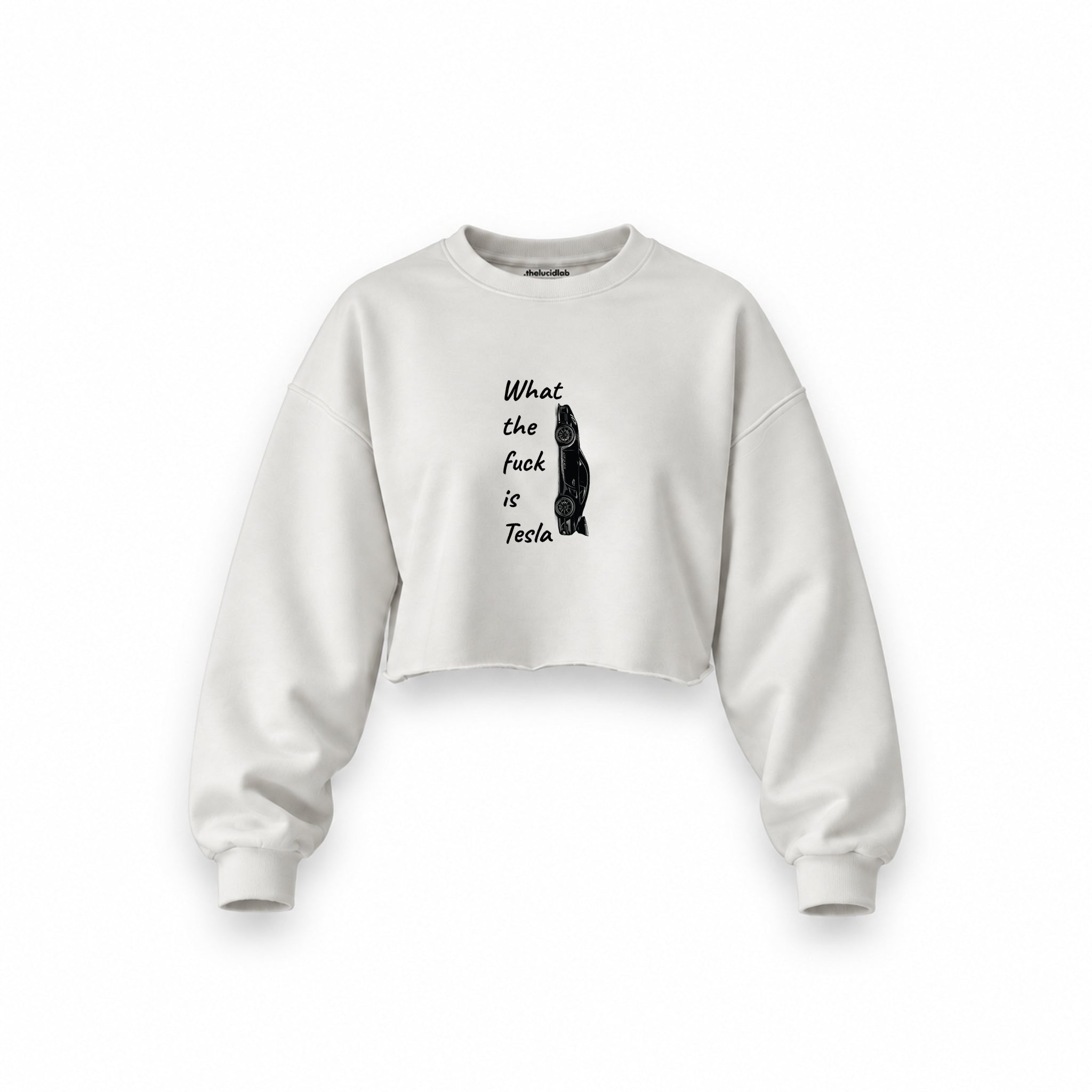 What The Fuck Is Tesla Oversize Crop Sweatshirt — Beyaz — Ön baskı