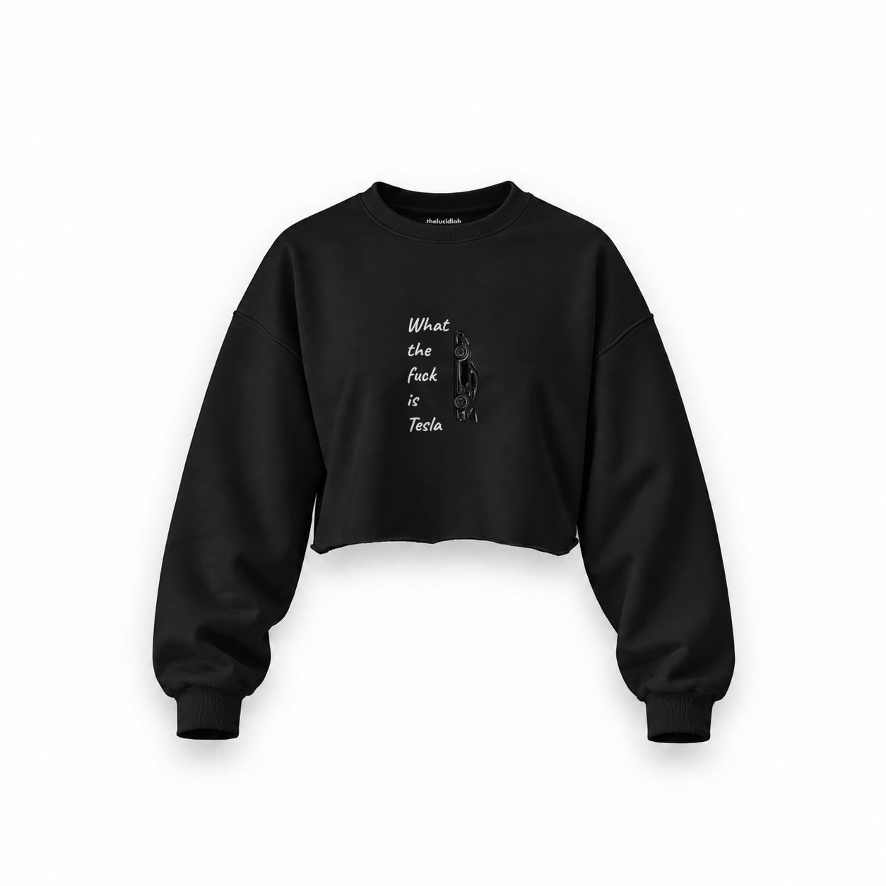What The Fuck Is Tesla Oversize Crop Sweatshirt — Siyah — Ön baskı