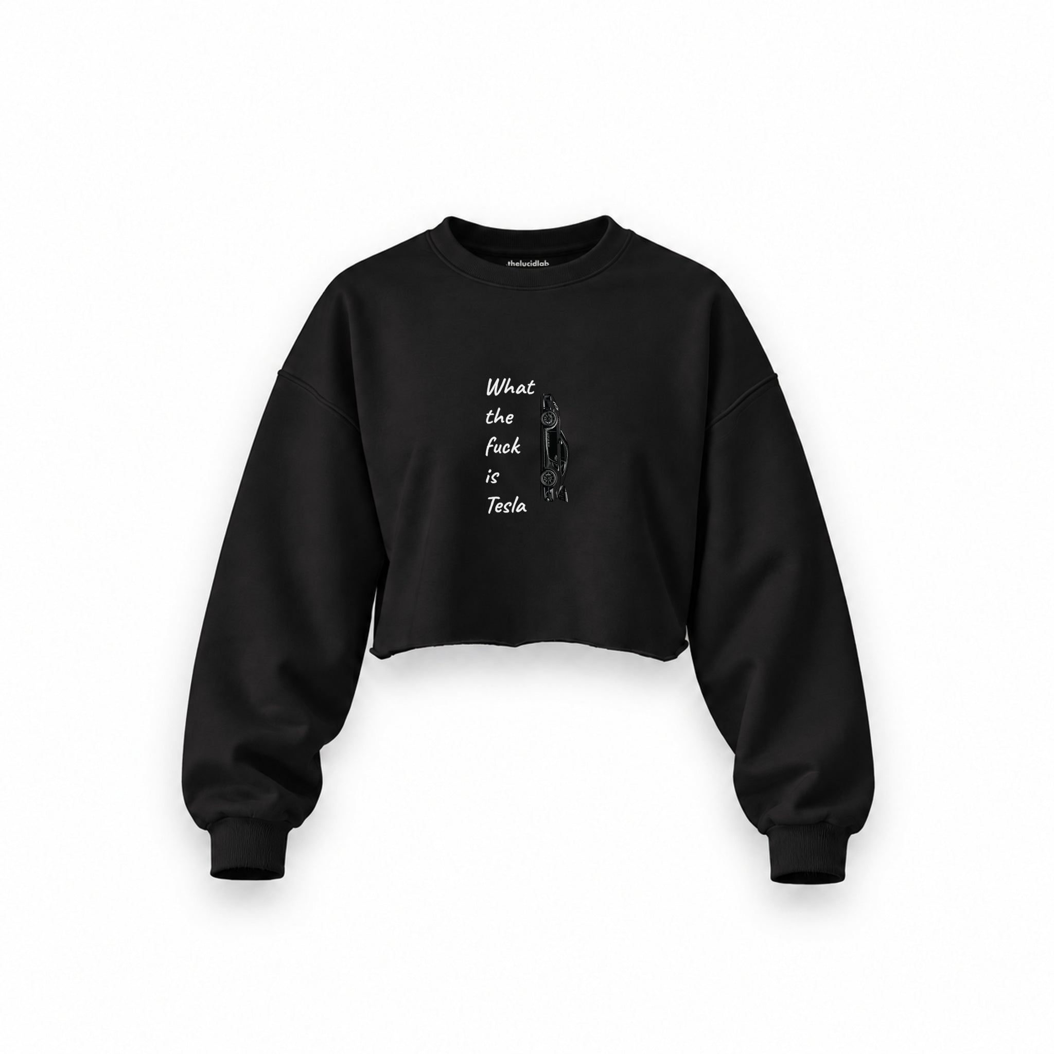 What The Fuck Is Tesla Oversize Crop Sweatshirt — Siyah — Ön baskı