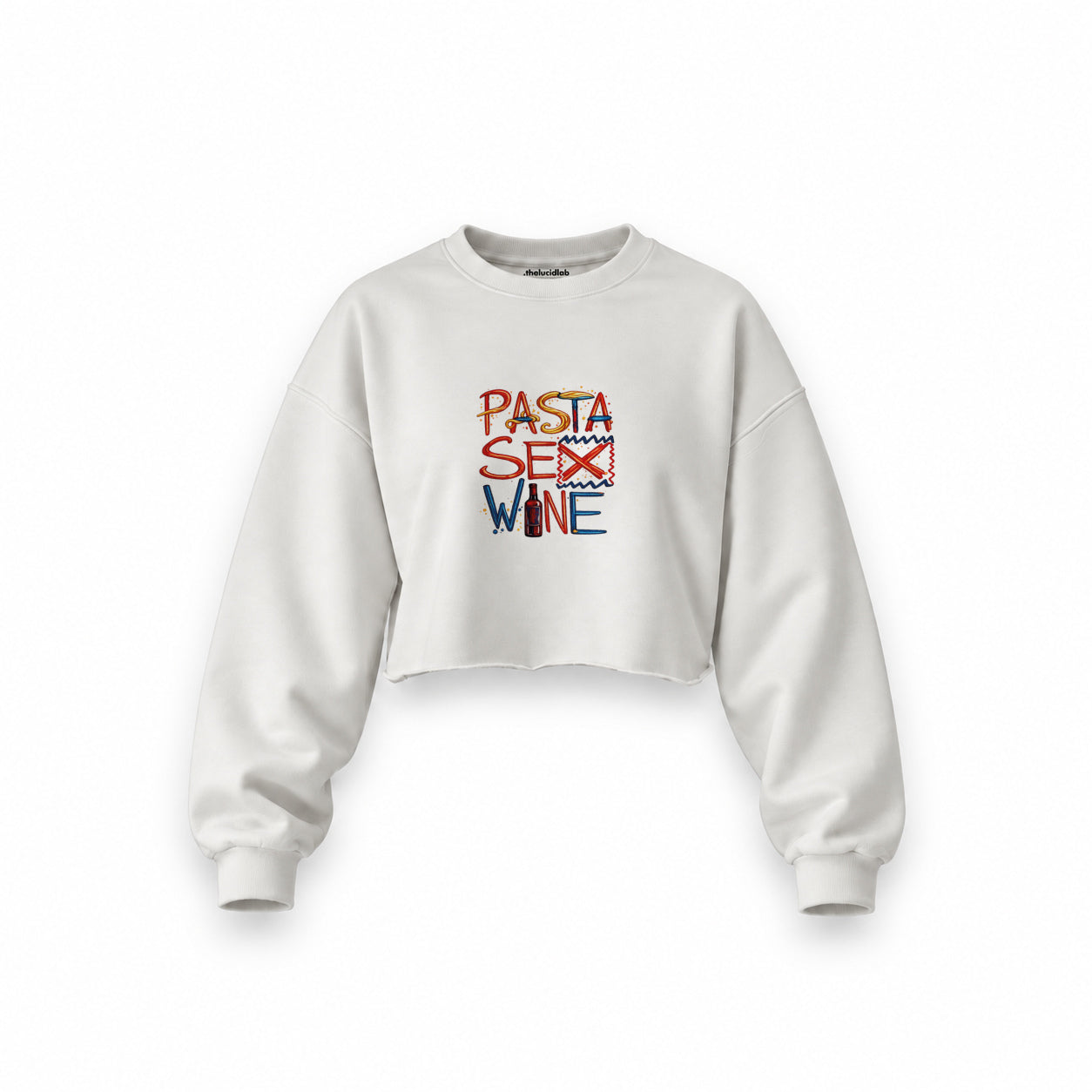 Pasta Sex Wine Oversize Crop Sweatshirt — Beyaz — Ön baskı