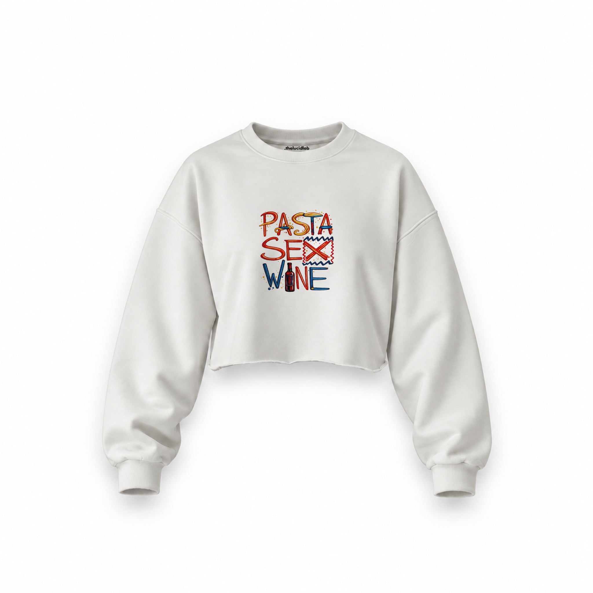 Pasta Sex Wine Oversize Crop Sweatshirt — Beyaz — Ön baskı