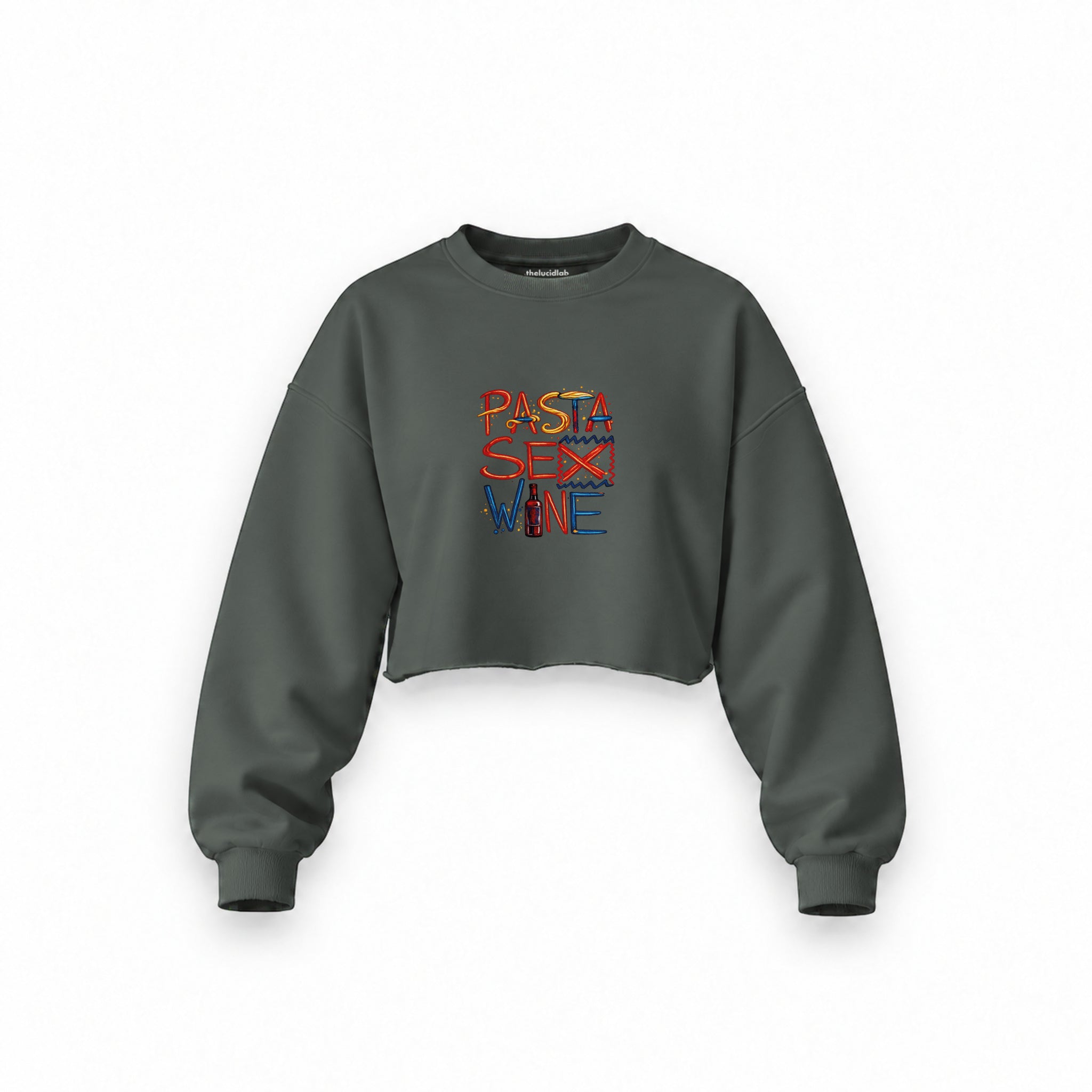 Pasta Sex Wine Oversize Crop Sweatshirt — Antrasit — Ön baskı