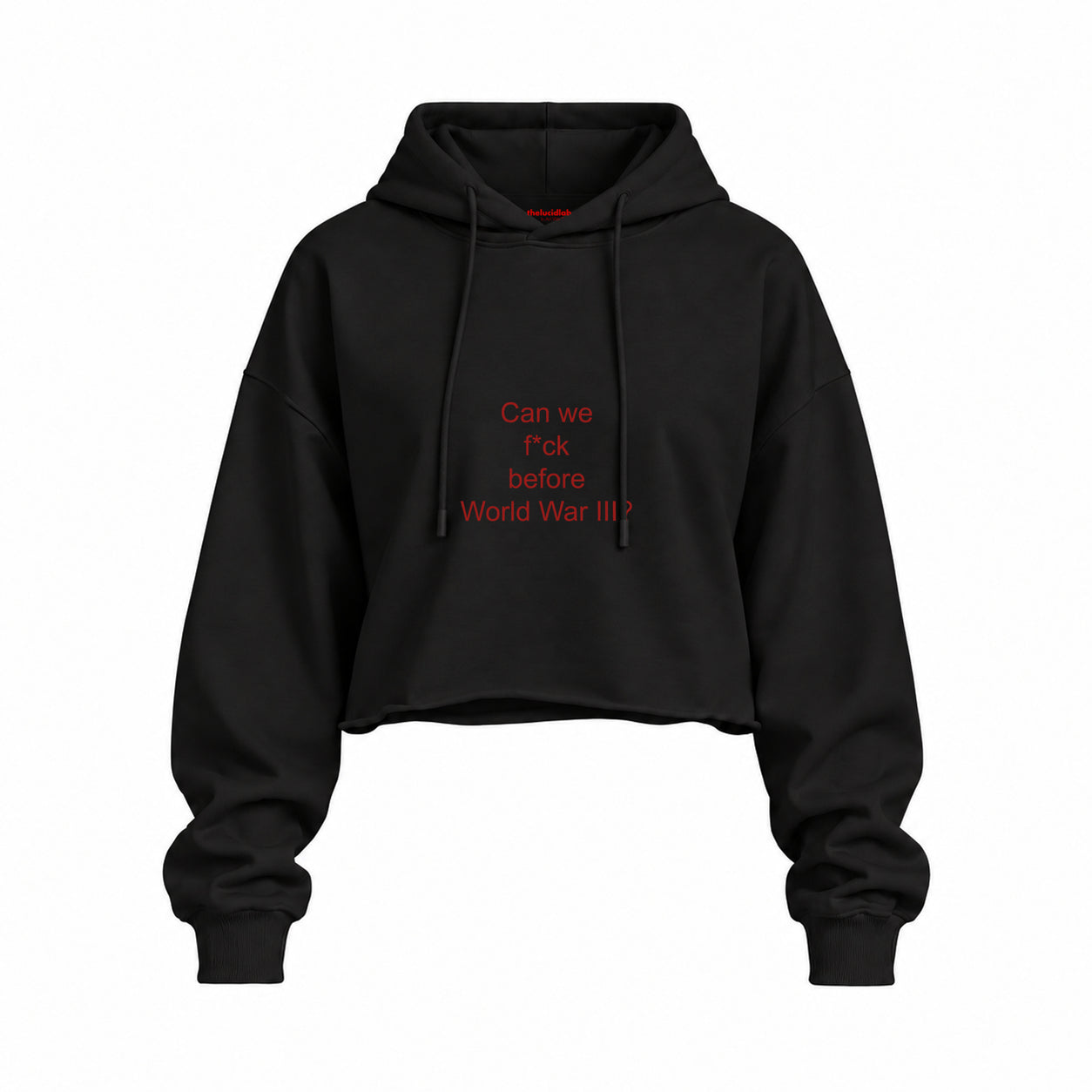 Before World War 3 Oversize Crop Hoodie — Siyah — Ön baskı