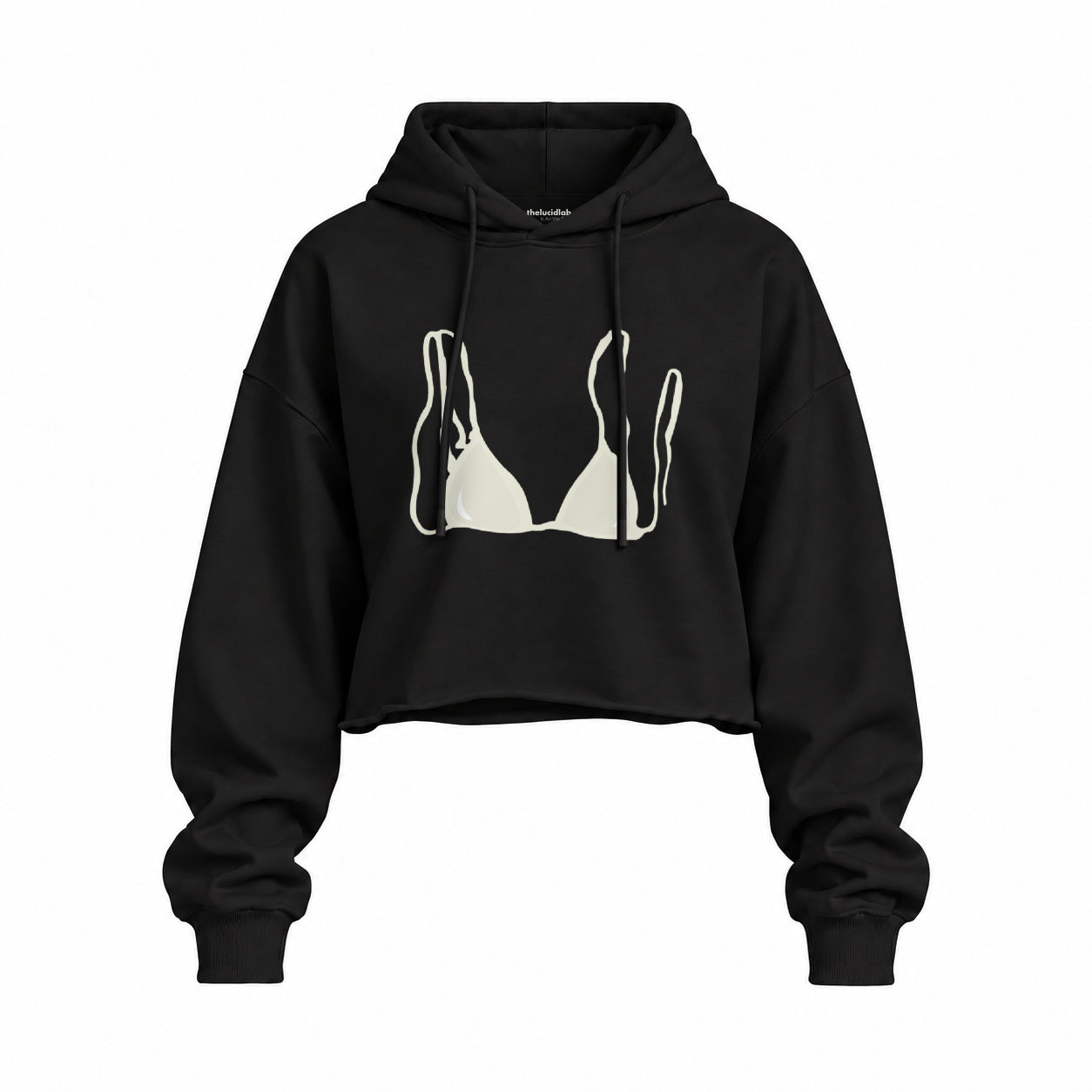 White Bikini Oversize Crop Hoodie — Siyah — Ön baskı
