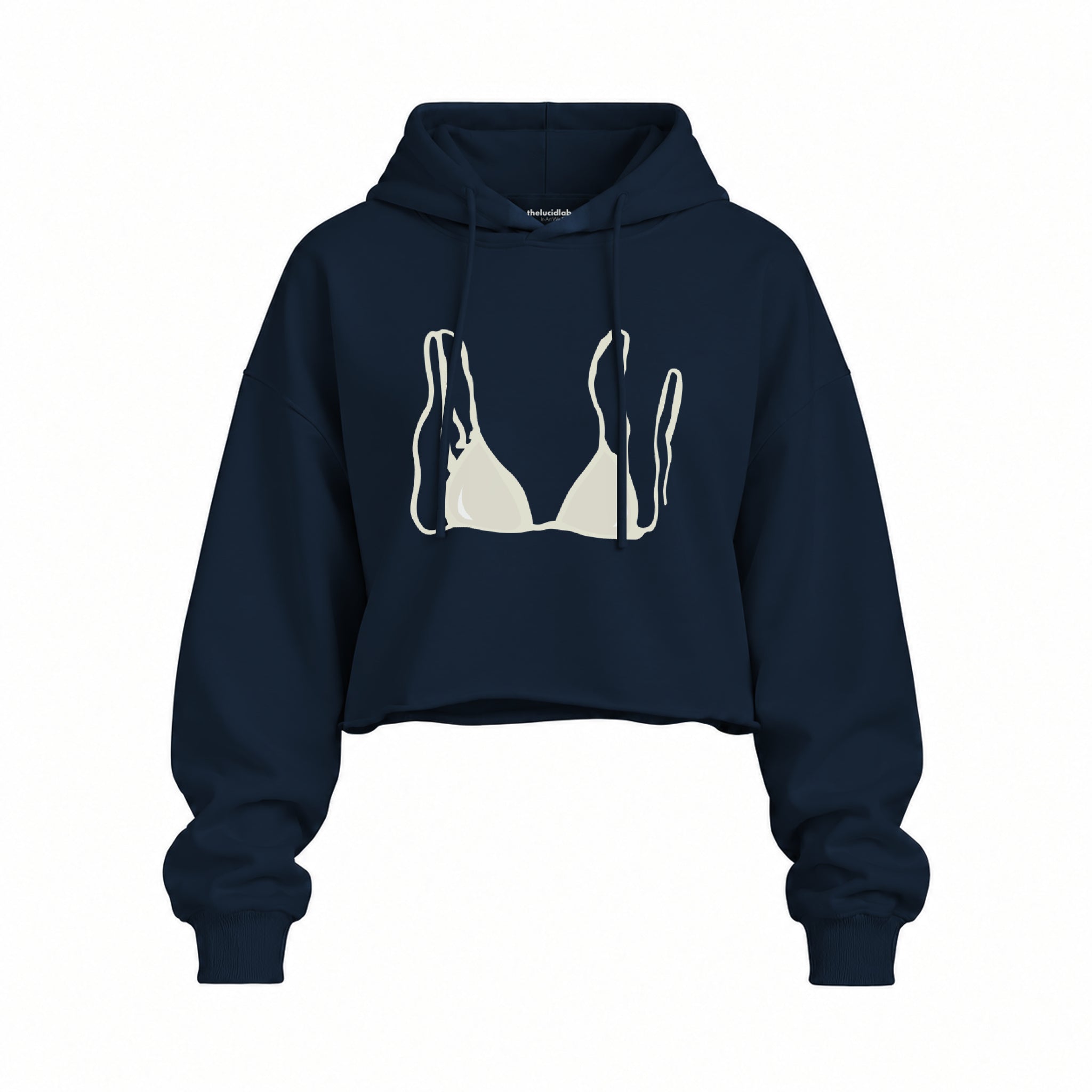White Bikini Oversize Crop Hoodie — Lacivert — Ön baskı