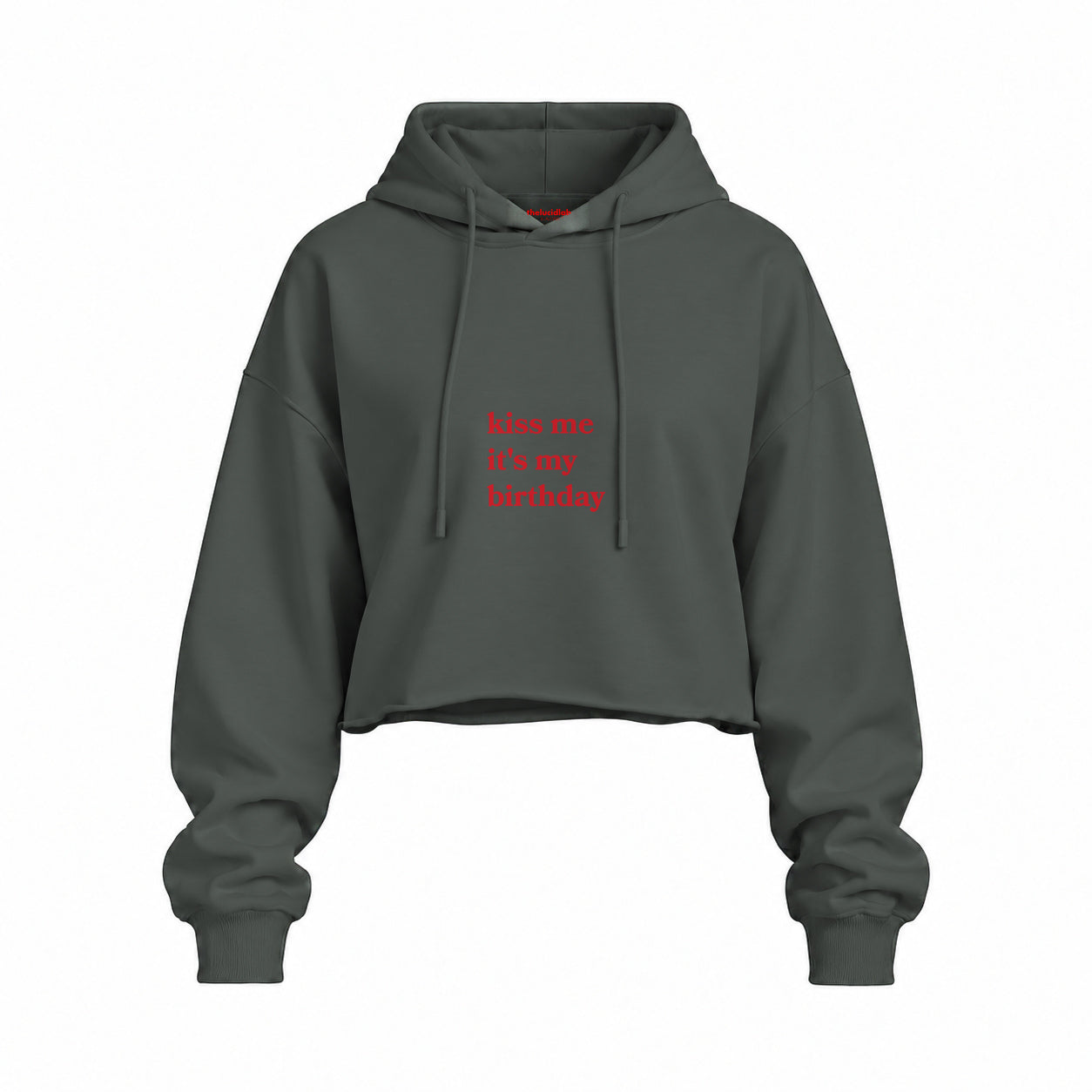Kiss Me It's My Birthday Oversize Crop Hoodie — Antrasit — Ön baskı