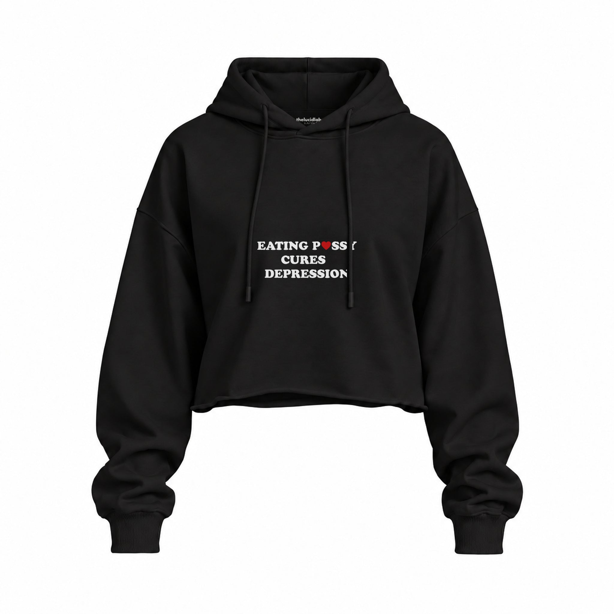 Eating Pussy Cures Depression Oversize Crop Hoodie — Siyah — Ön baskı