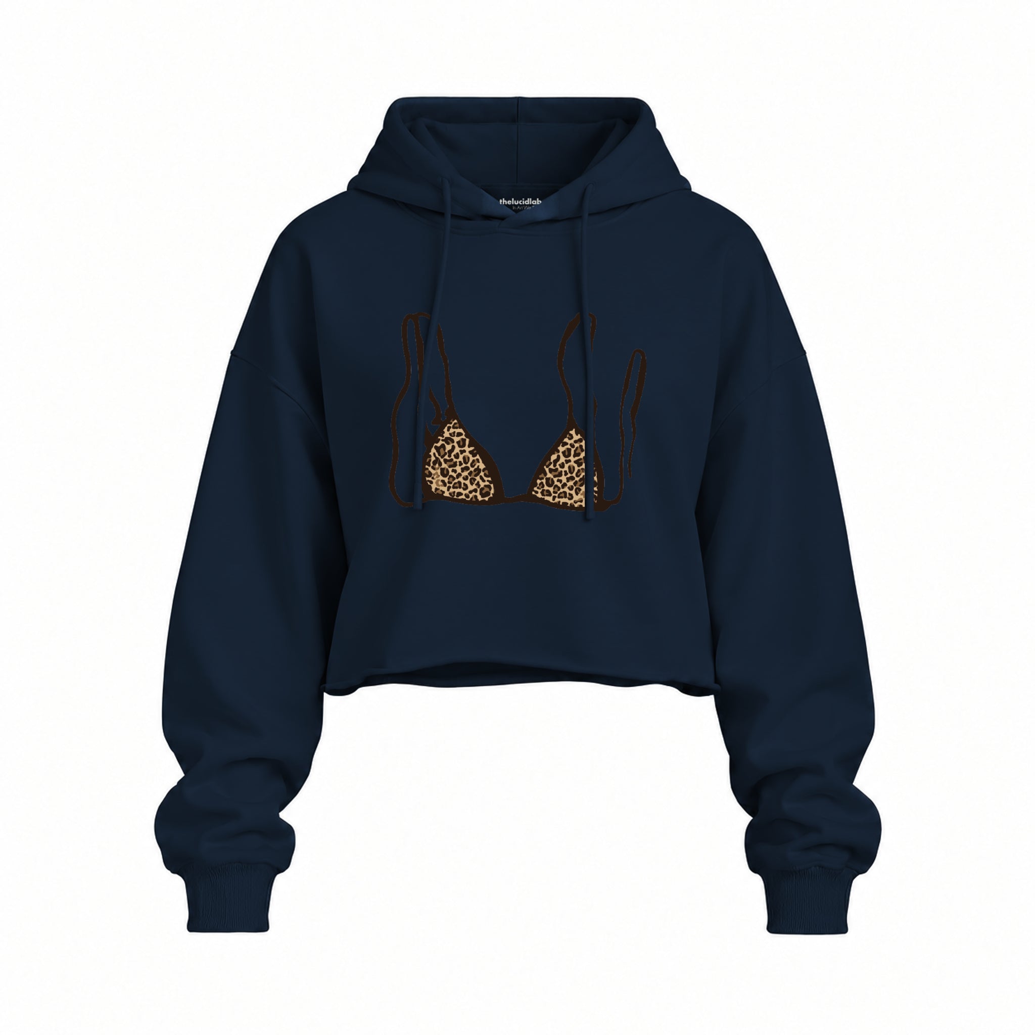 Leopard Bikini Oversize Crop Hoodie — Lacivert — Ön baskı