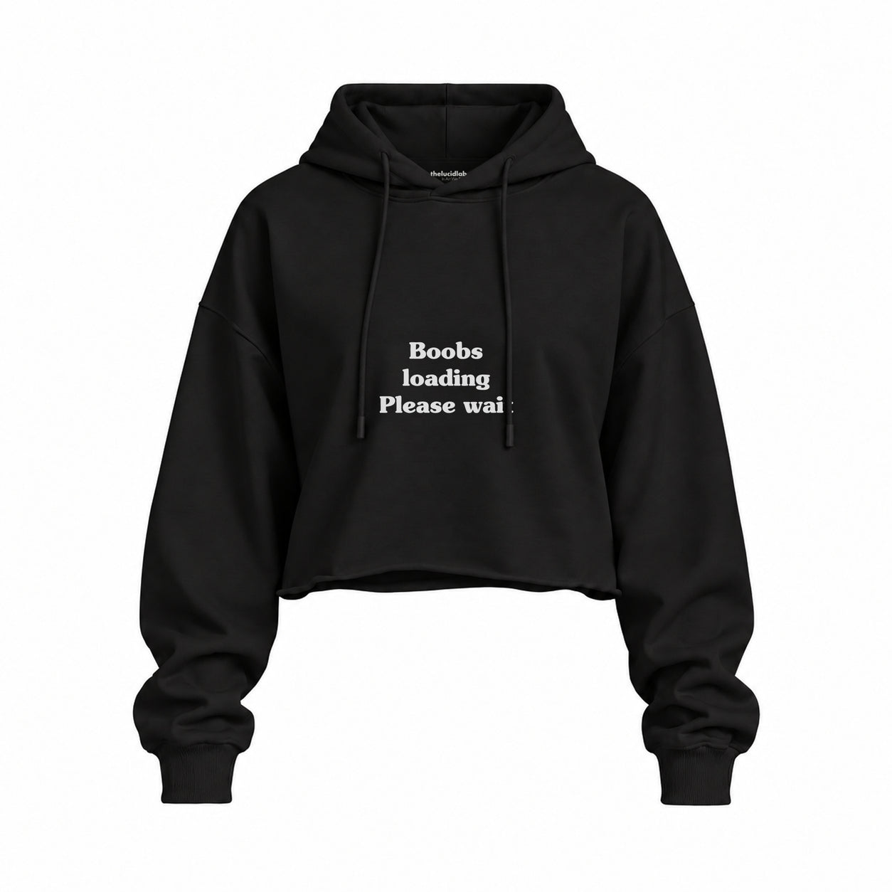 Boobs Loading Please Wait Oversize Crop Hoodie — Siyah — Ön baskı