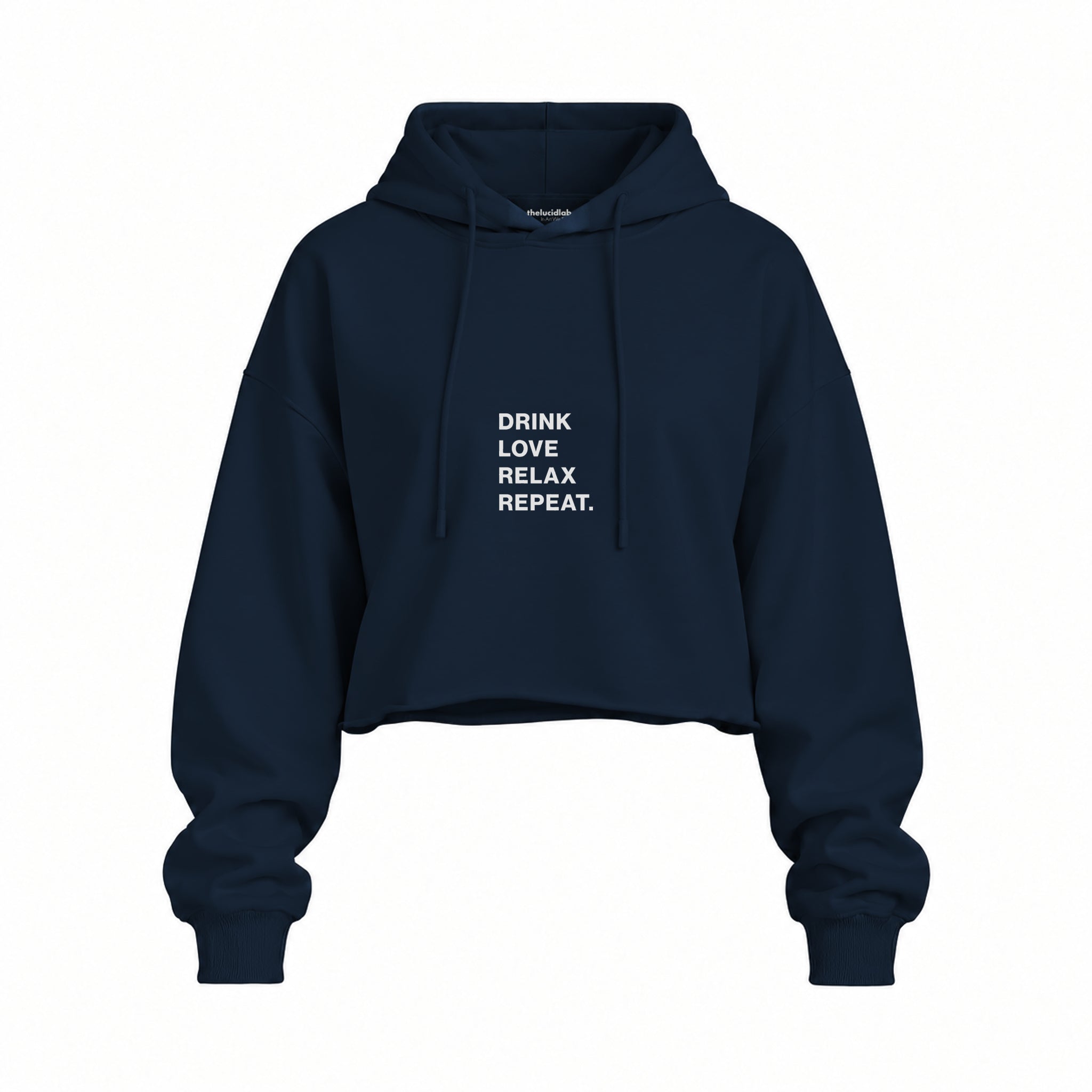 Drink Love Relax Repeat Oversize Crop Hoodie — Lacivert — Ön baskı