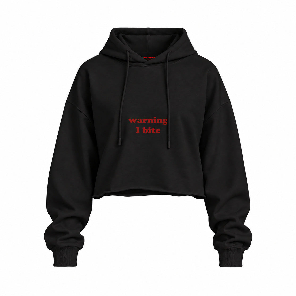 Warning I Bite Oversize Crop Hoodie — Siyah — Ön baskı