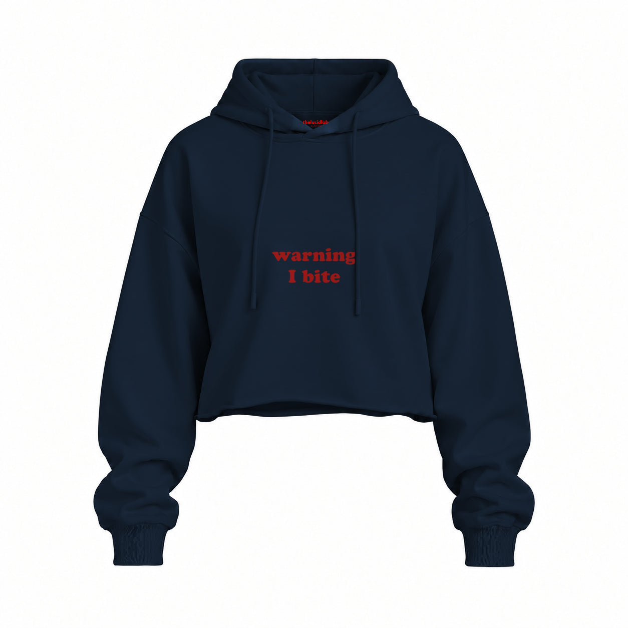 Warning I Bite Oversize Crop Hoodie — Lacivert — Ön baskı