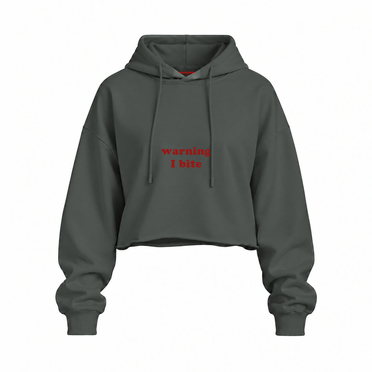 Warning I Bite Oversize Crop Hoodie — Antrasit — Ön baskı