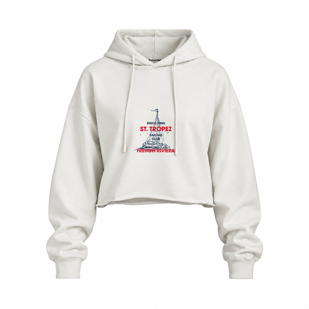 Saint Tropez Sailing Club Oversize Crop Hoodie — Beyaz — Ön baskı