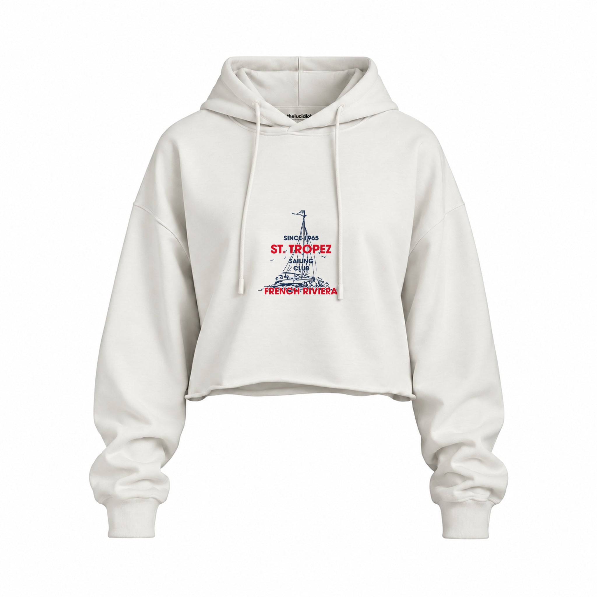 Saint Tropez Sailing Club Oversize Crop Hoodie — Beyaz — Ön baskı