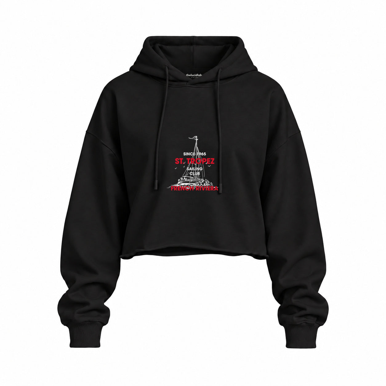 Saint Tropez Sailing Club Oversize Crop Hoodie — Siyah — Ön baskı