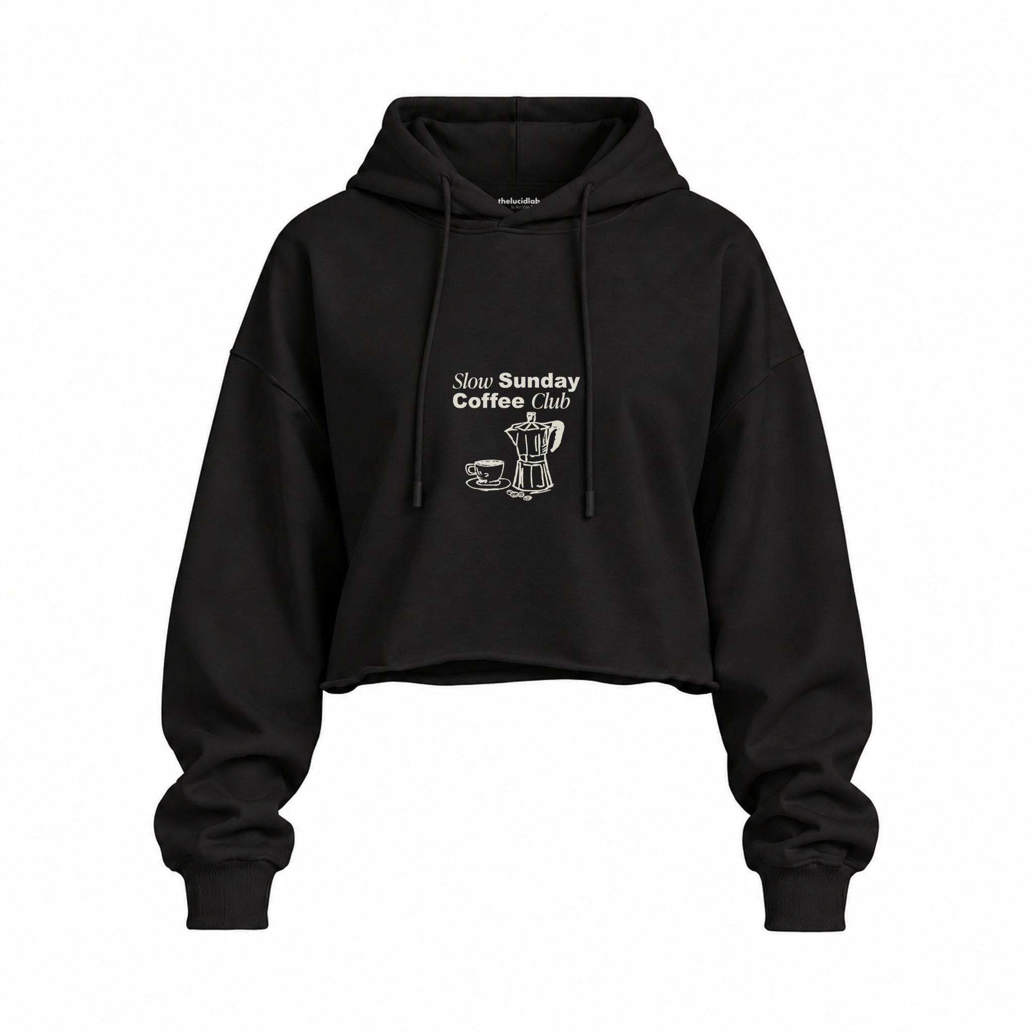 Slow Sunday Coffee Club Oversize Crop Hoodie — Siyah — Ön baskı