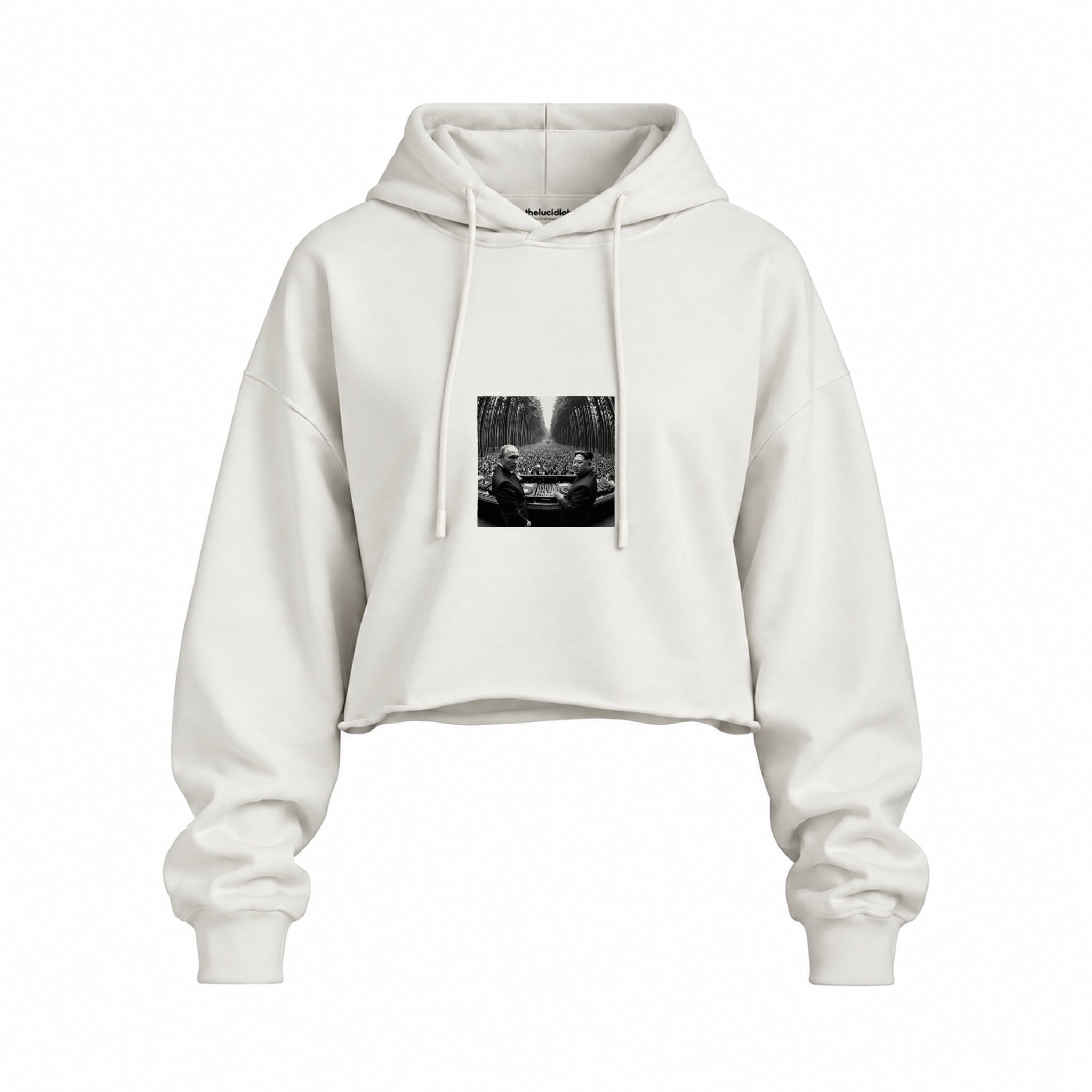 No Requests Oversize Crop Hoodie — Beyaz — Ön baskı