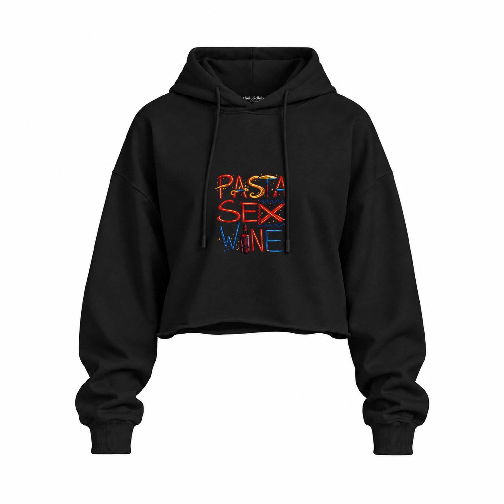 Pasta Sex Wine Oversize Crop Hoodie — Siyah — Ön baskı
