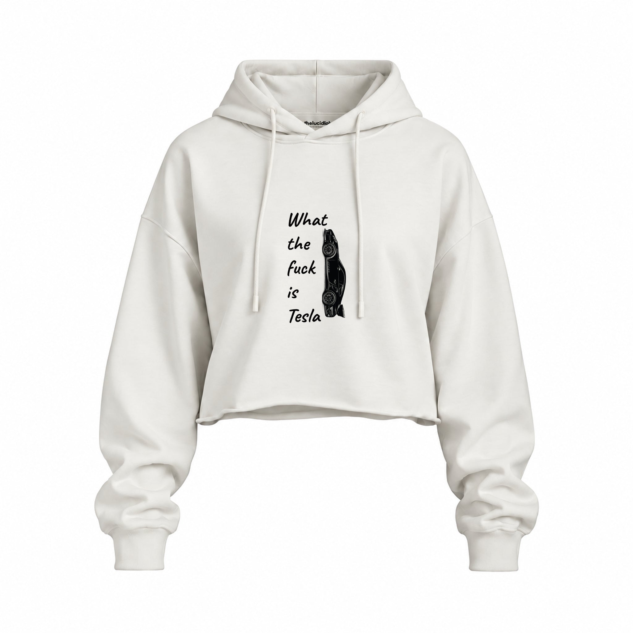 What The Fuck Is Tesla Oversize Crop Hoodie — Beyaz — Ön baskı