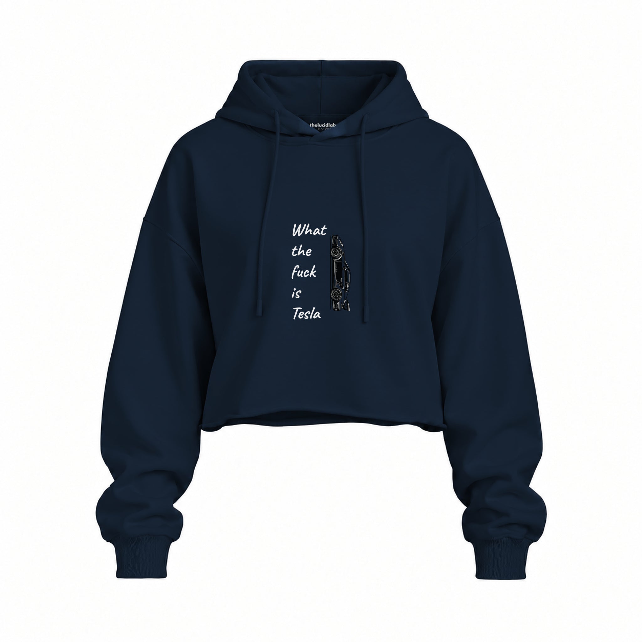 What The Fuck Is Tesla Oversize Crop Hoodie — Lacivert — Ön baskı