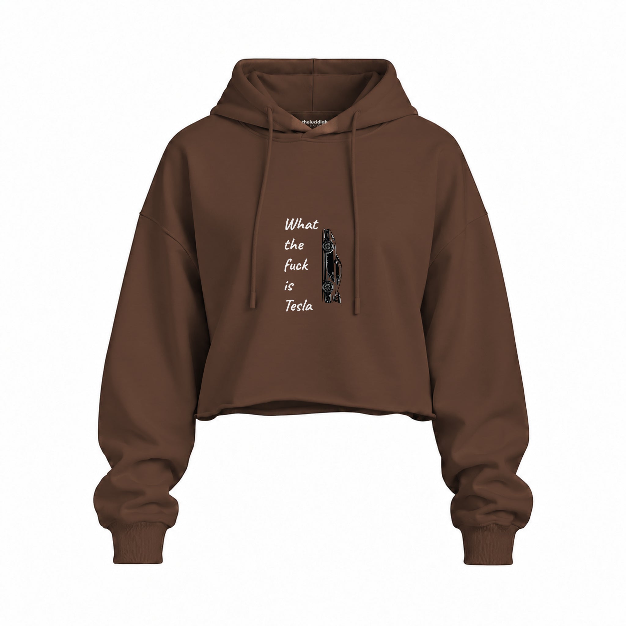 What The Fuck Is Tesla Oversize Crop Hoodie — Kahverengi — Ön baskı