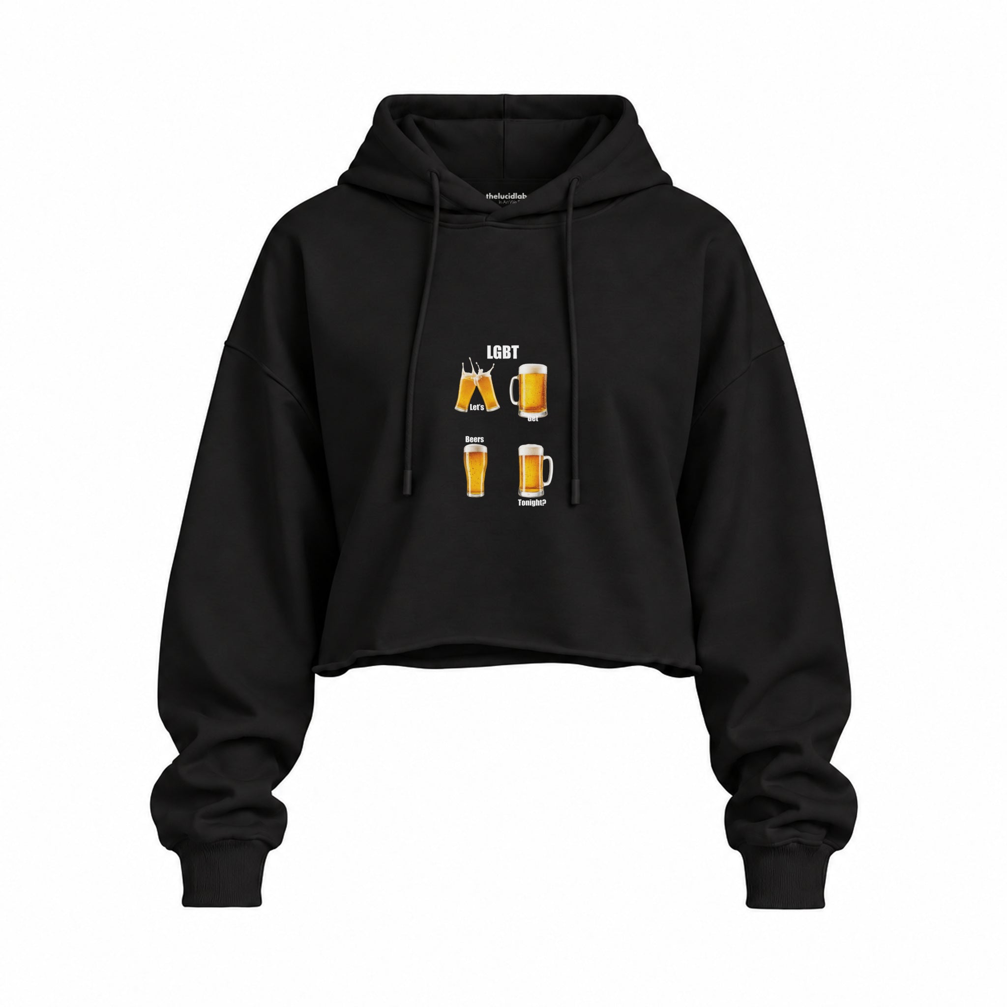 Lets Get Beers Tonight Oversize Crop Hoodie — Siyah — Ön baskı