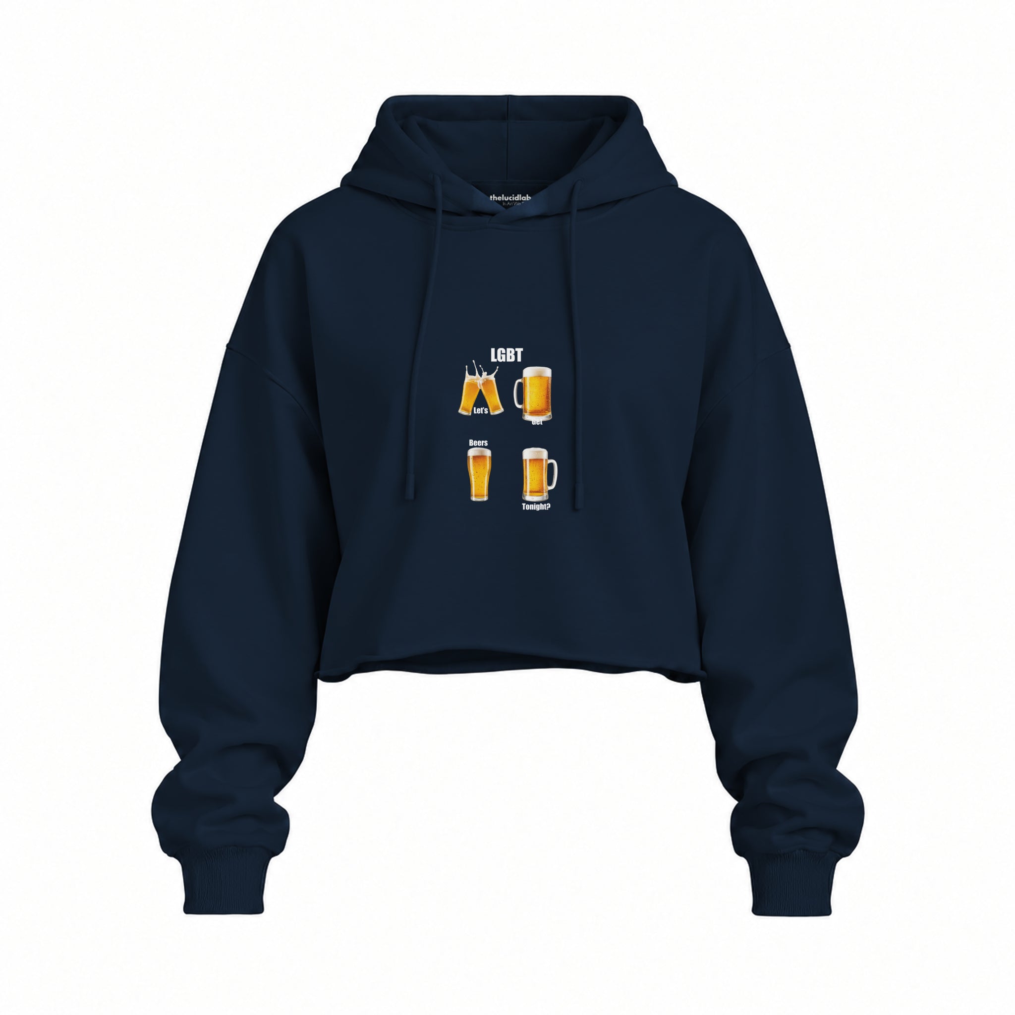 Lets Get Beers Tonight Oversize Crop Hoodie — Lacivert — Ön baskı
