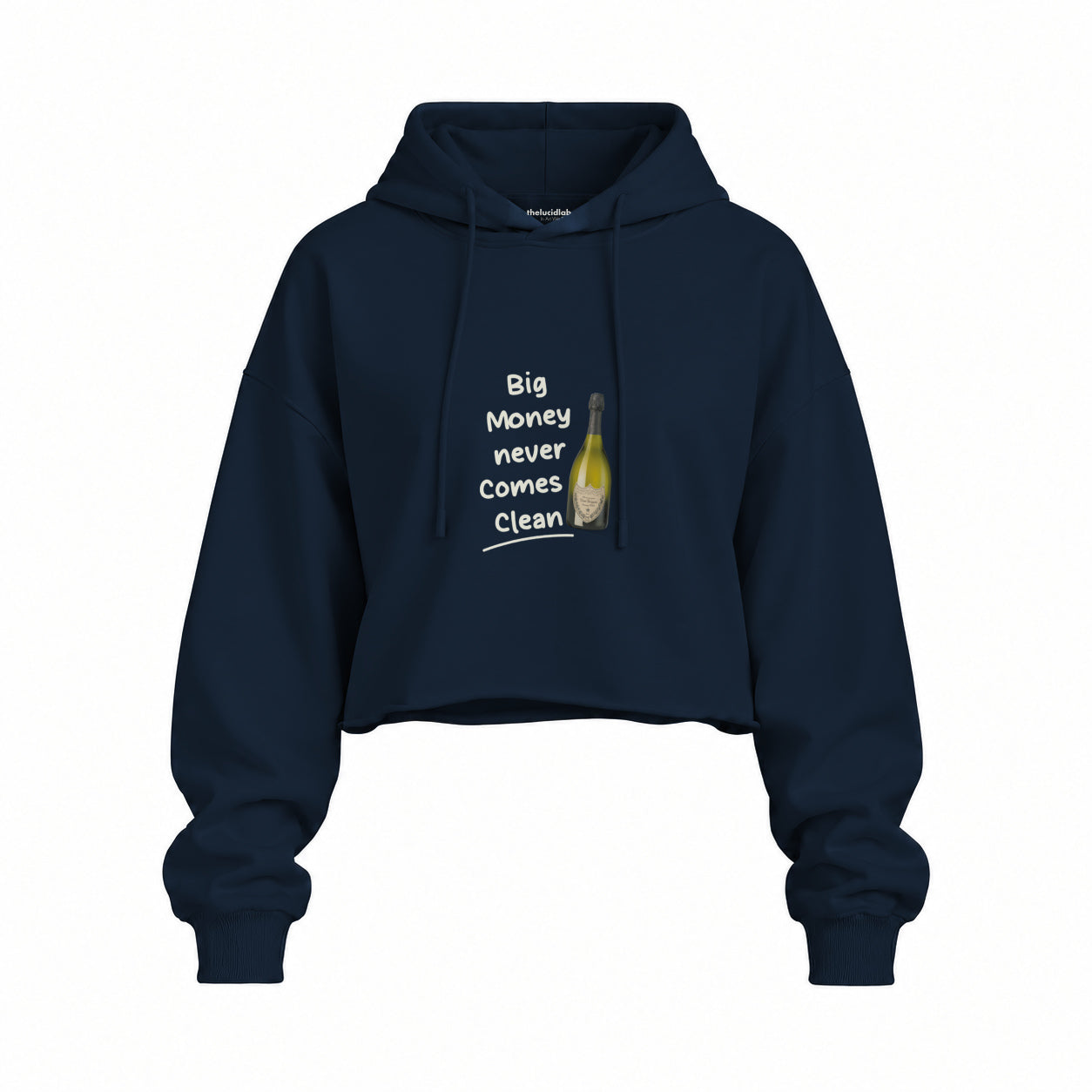 Big Money Never Comes Clean Oversize Crop Hoodie — Lacivert — Ön baskı